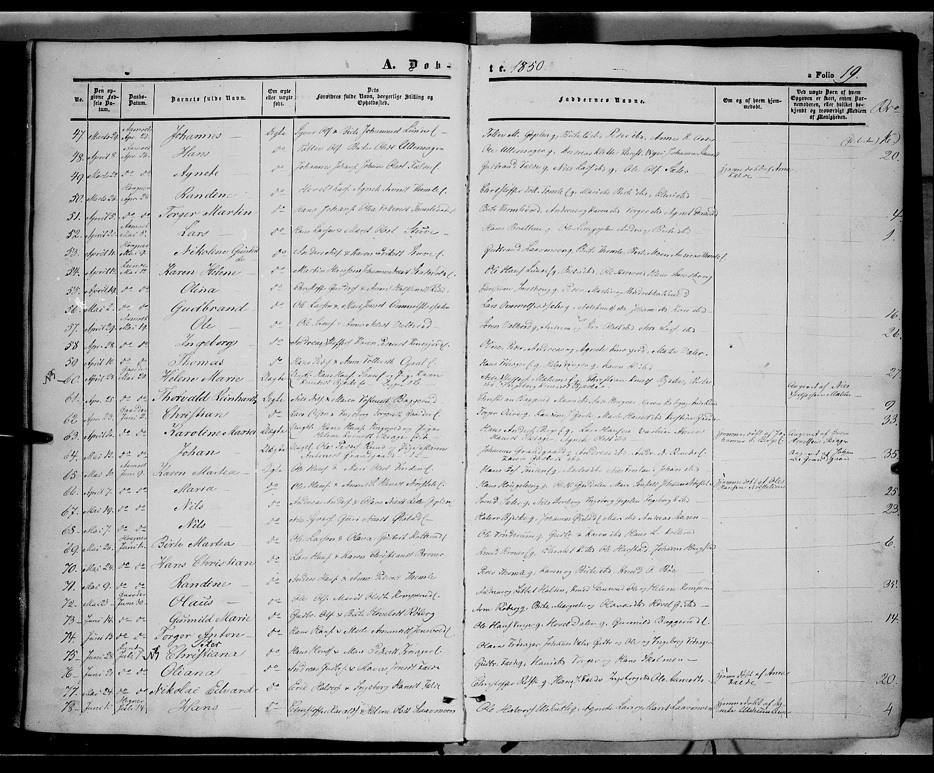 Land prestekontor, AV/SAH-PREST-120/H/Ha/Haa/L0010: Parish register (official) no. 10, 1847-1859, p. 19