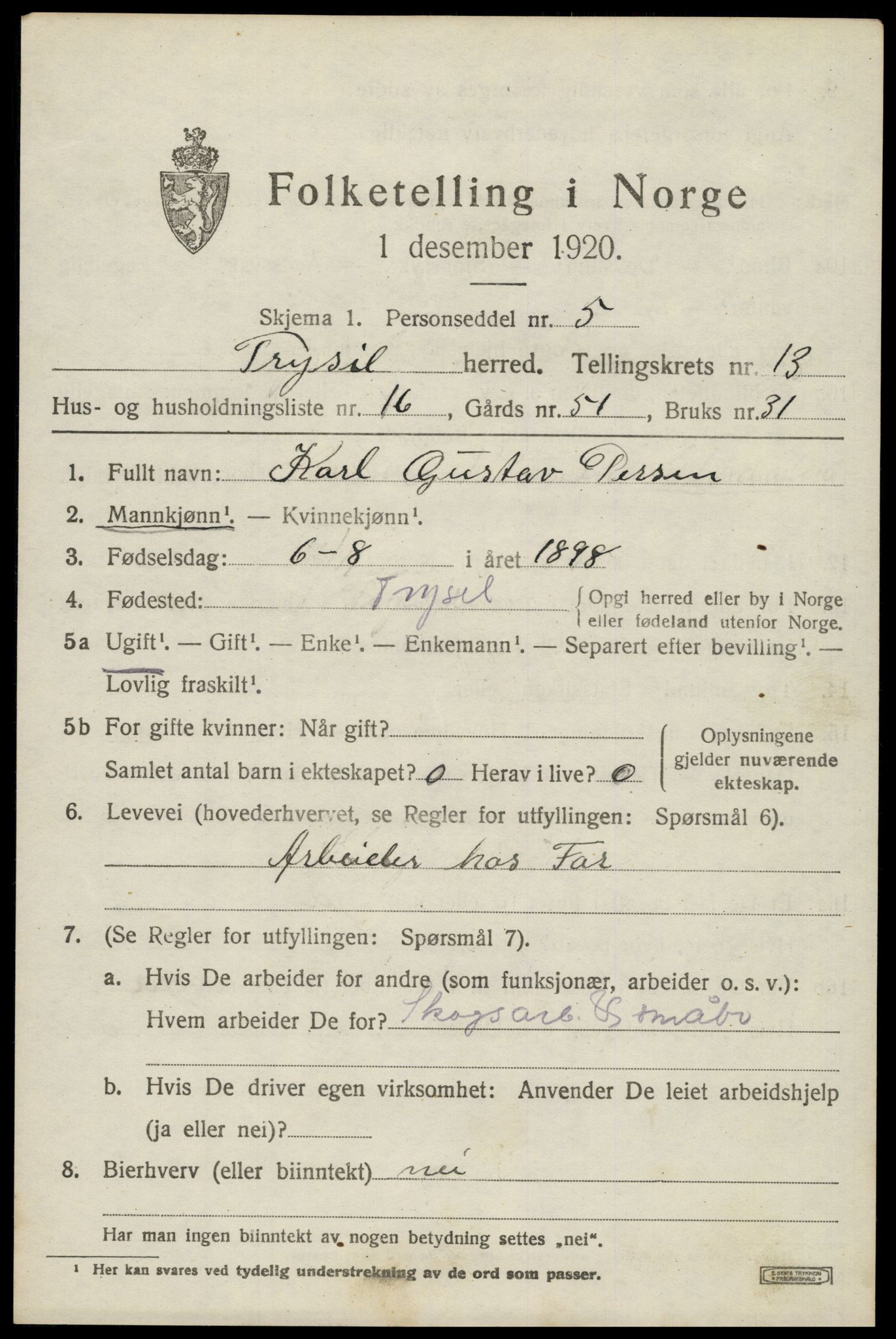 SAH, 1920 census for Trysil, 1920, p. 7849