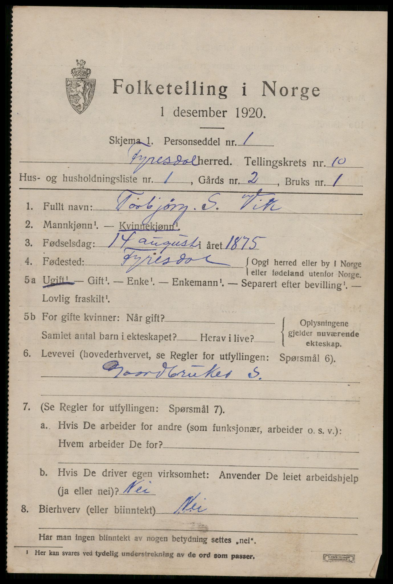 SAKO, 1920 census for Fyresdal, 1920, p. 3779