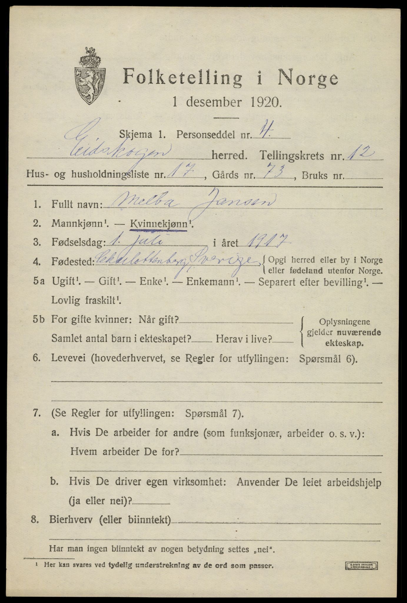 SAH, 1920 census for Eidskog, 1920, p. 11955