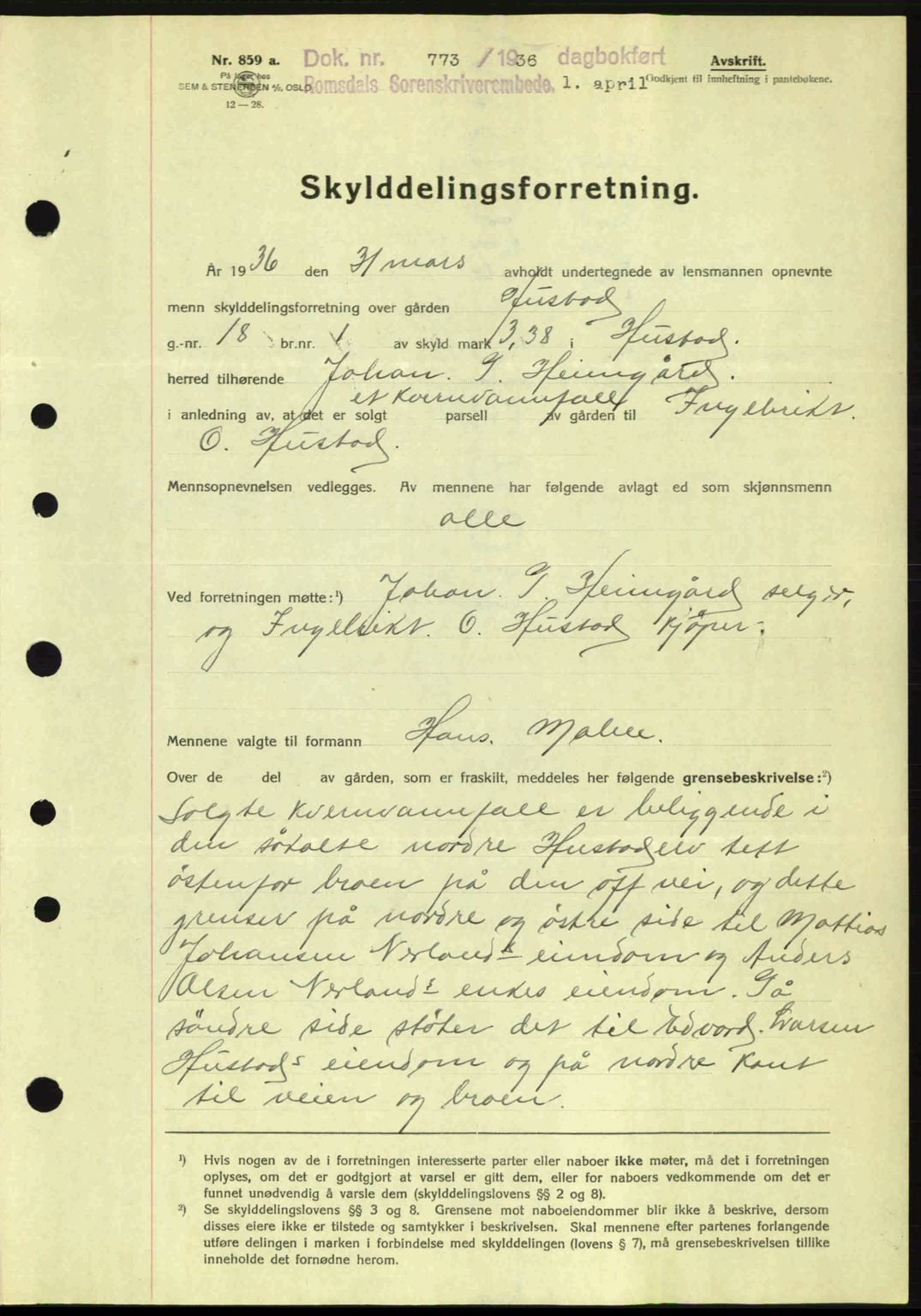 Romsdal sorenskriveri, AV/SAT-A-4149/1/2/2C: Mortgage book no. A1, 1936-1936, Diary no: : 773/1936