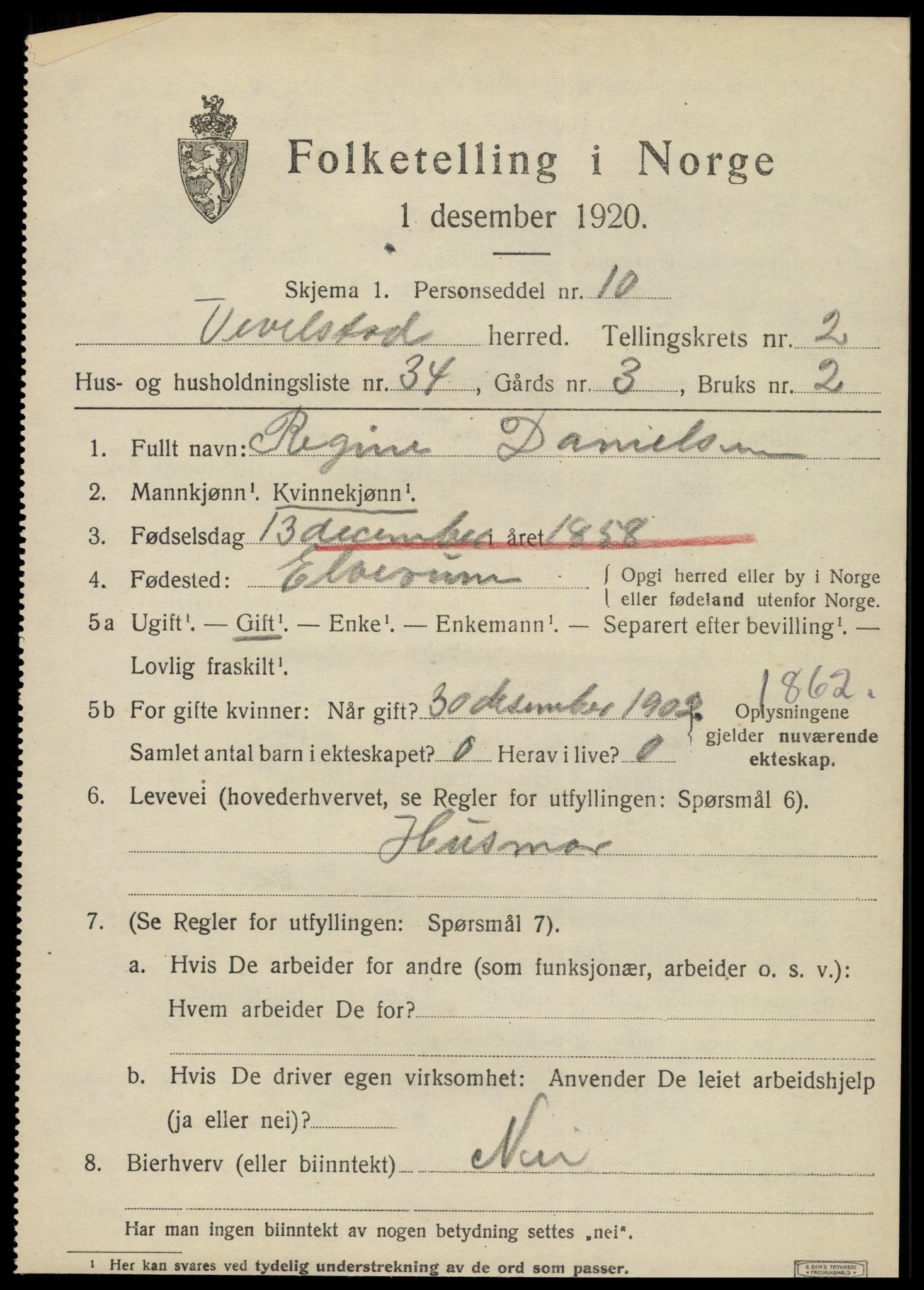 SAT, 1920 census for Vevelstad, 1920, p. 1866