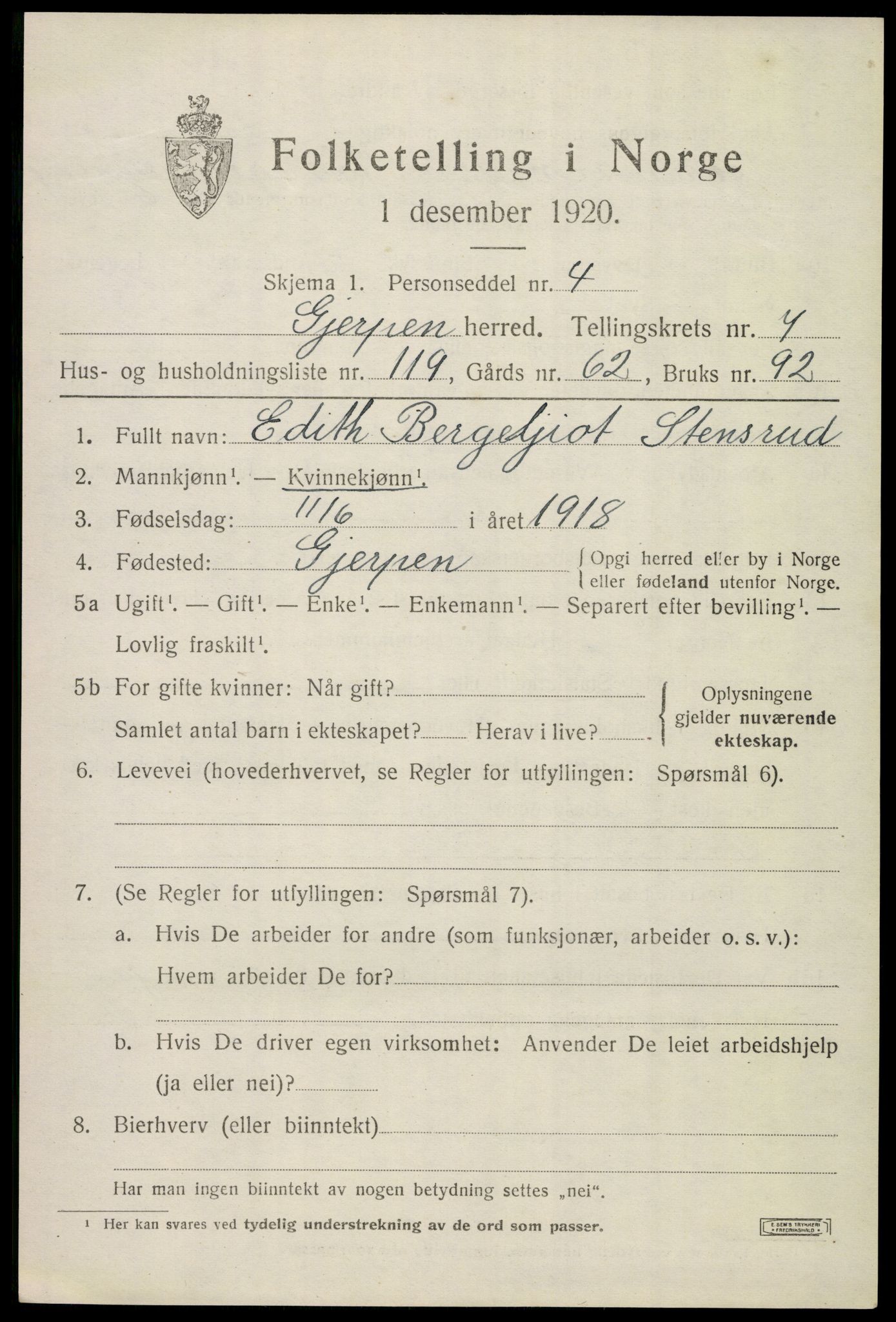 SAKO, 1920 census for Gjerpen, 1920, p. 9528