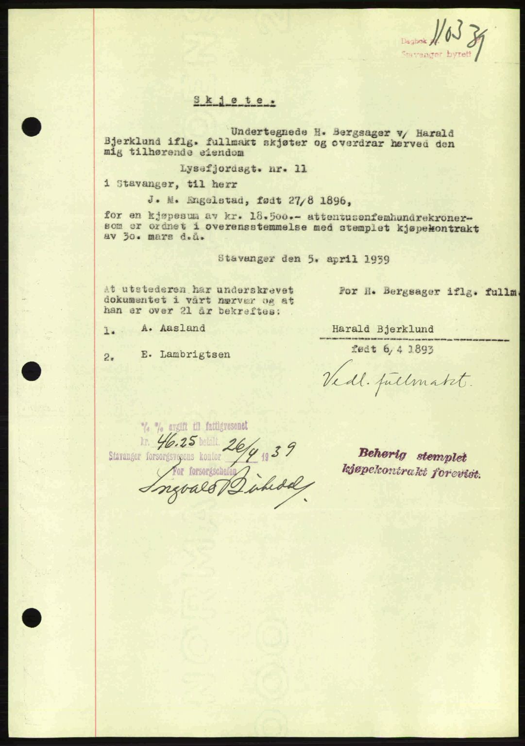 Stavanger byrett, SAST/A-100455/002/G/Gb/L0014: Mortgage book no. A4, 1938-1939, Diary no: : 1103/1939