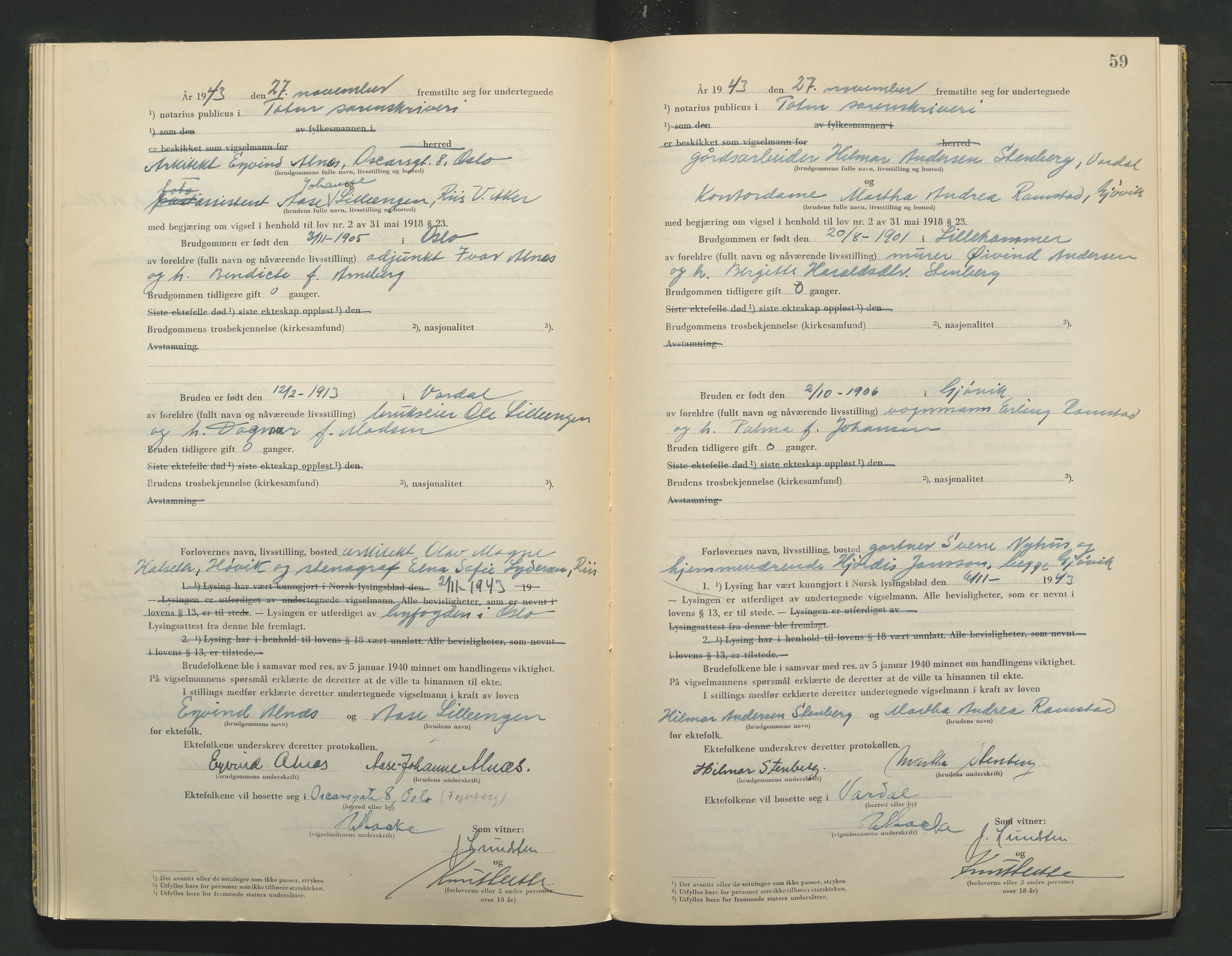 Toten tingrett, AV/SAH-TING-006/L/Lc/L0003: Vigselbok, 1943-1944, p. 59