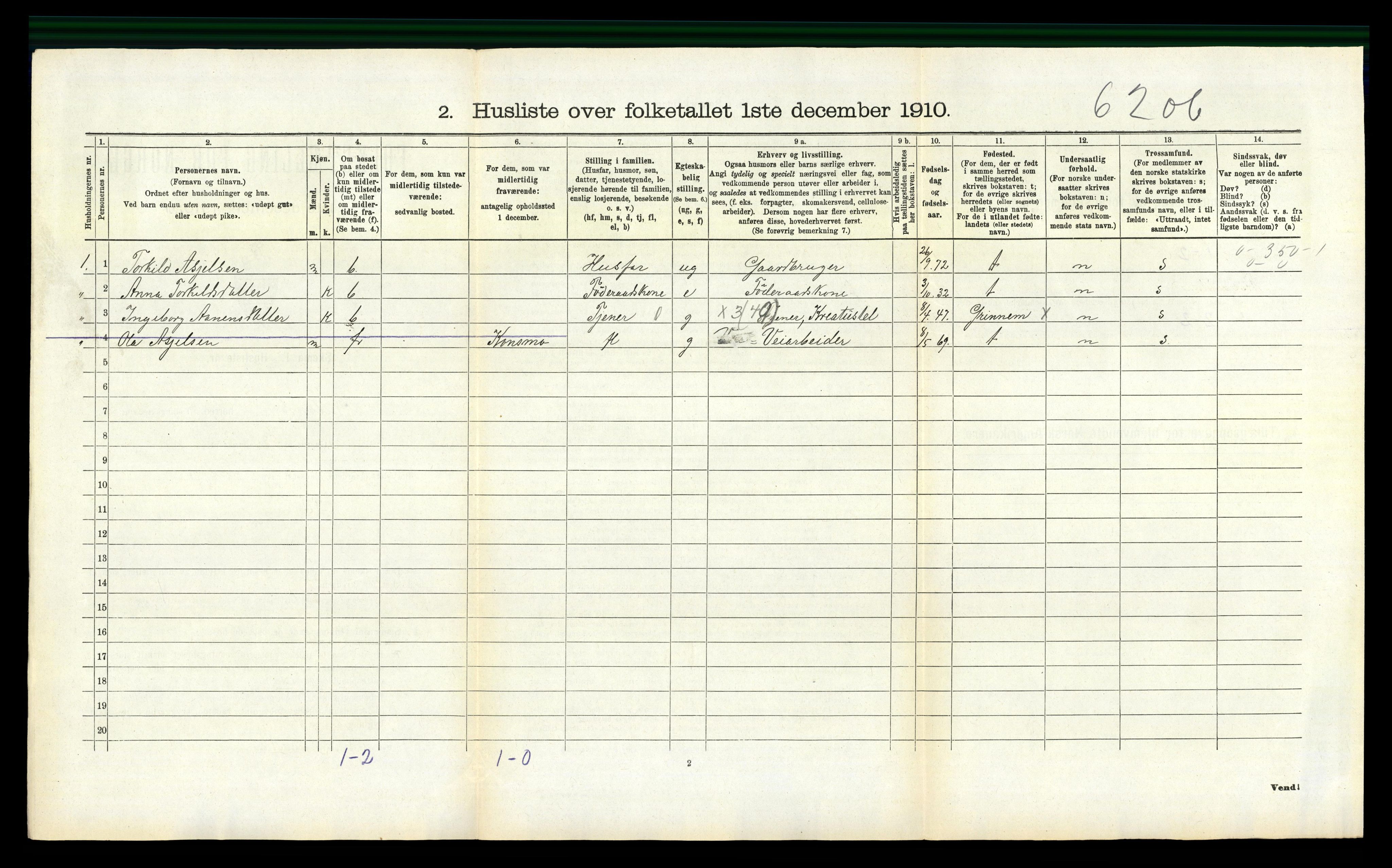 RA, 1910 census for Bjelland, 1910, p. 339