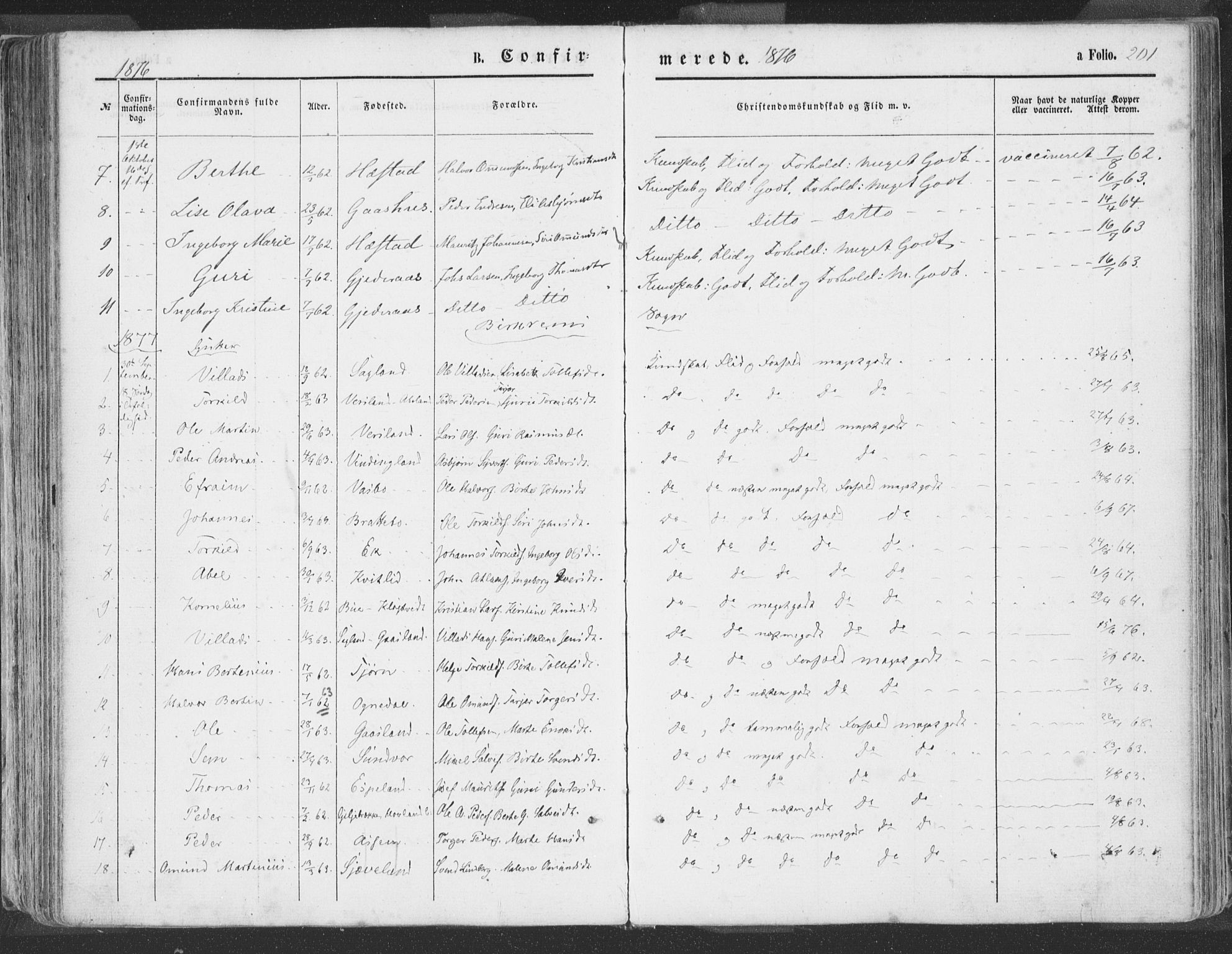 Helleland sokneprestkontor, SAST/A-101810: Parish register (official) no. A 7.1, 1863-1886, p. 201