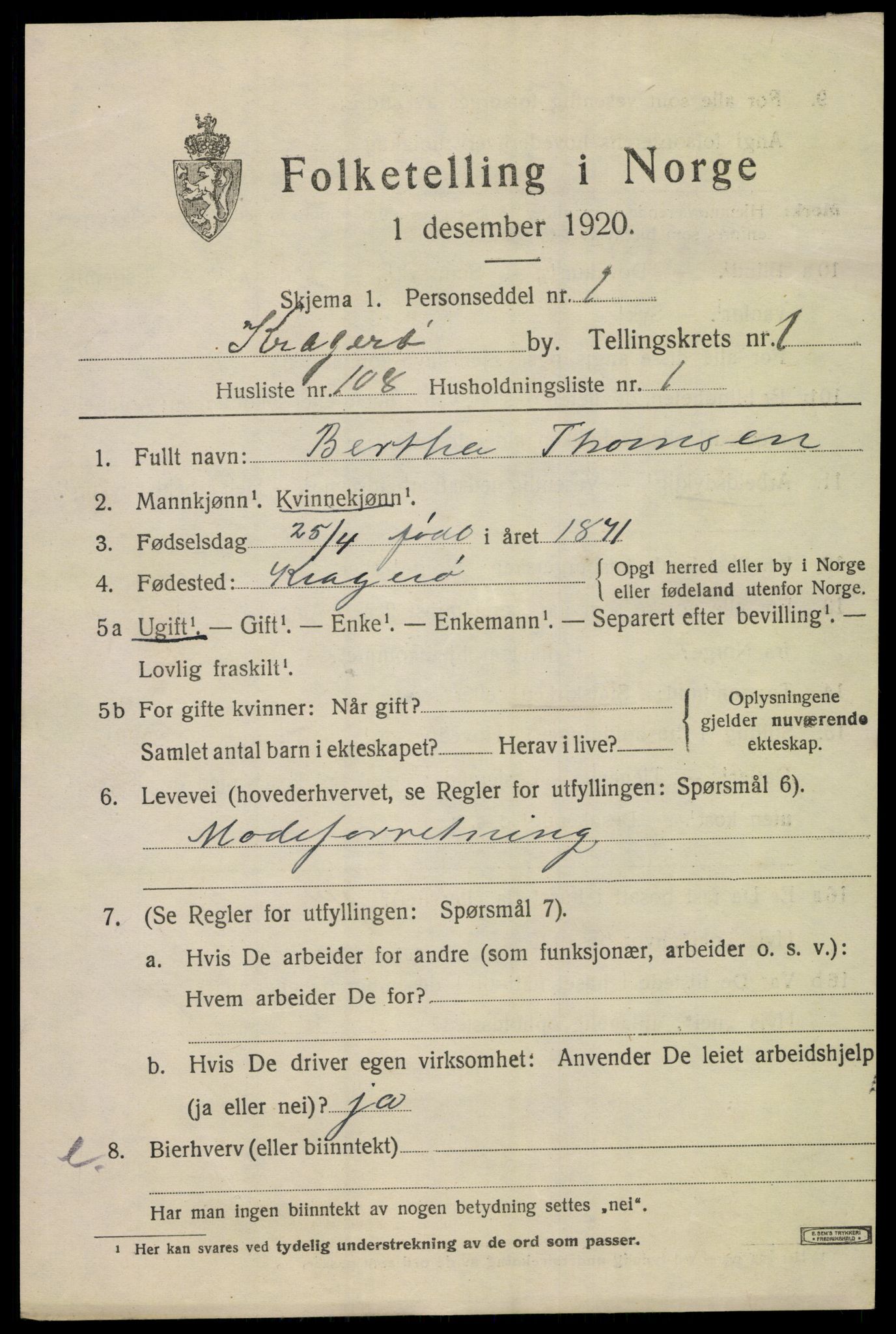 SAKO, 1920 census for Kragerø, 1920, p. 5349