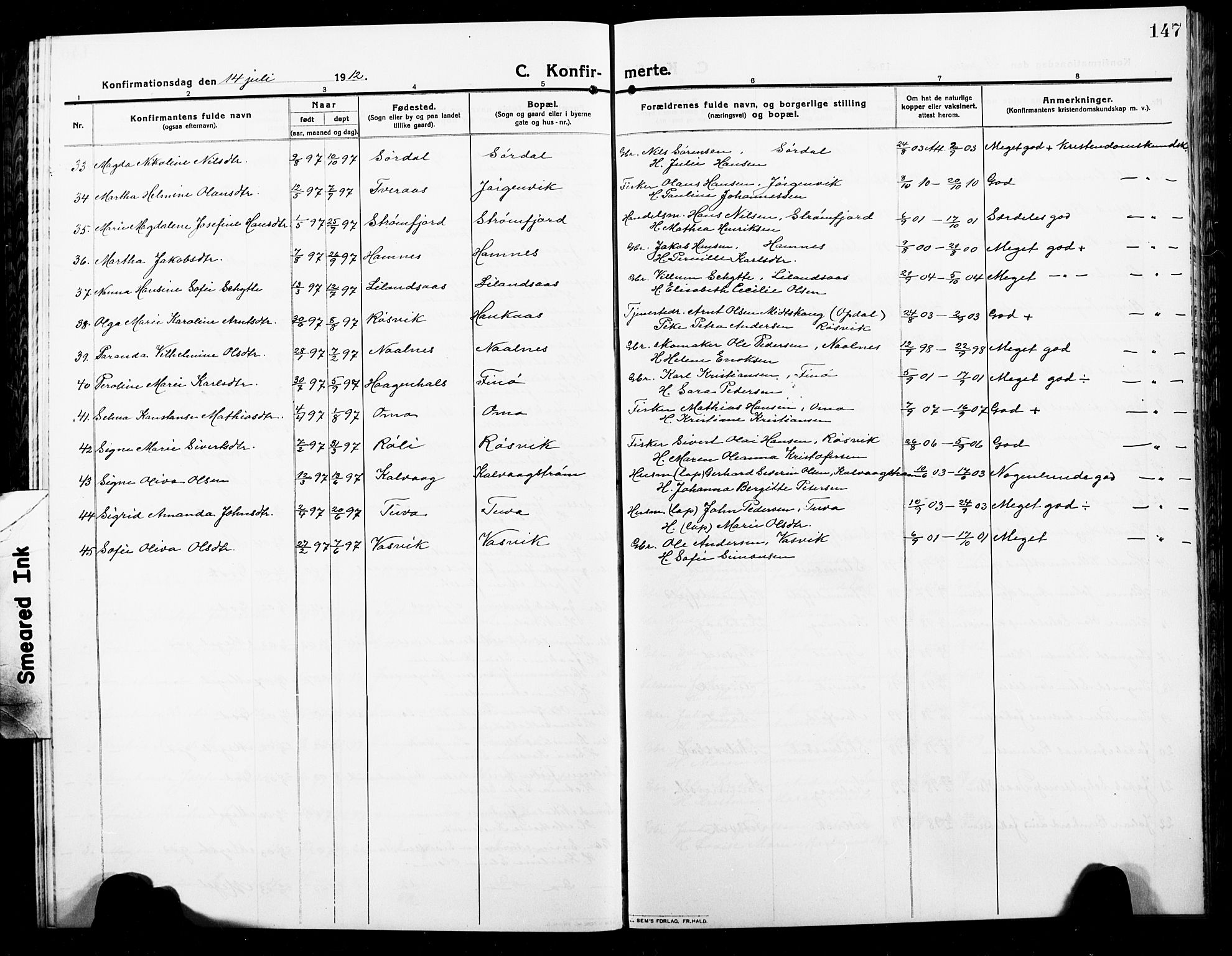 Ministerialprotokoller, klokkerbøker og fødselsregistre - Nordland, SAT/A-1459/859/L0861: Parish register (copy) no. 859C07, 1910-1925, p. 147