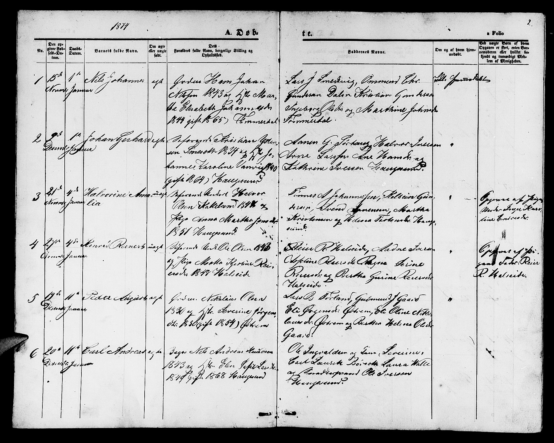 Haugesund sokneprestkontor, SAST/A -101863/H/Ha/Hab/L0001: Parish register (copy) no. B 1, 1873-1881, p. 2