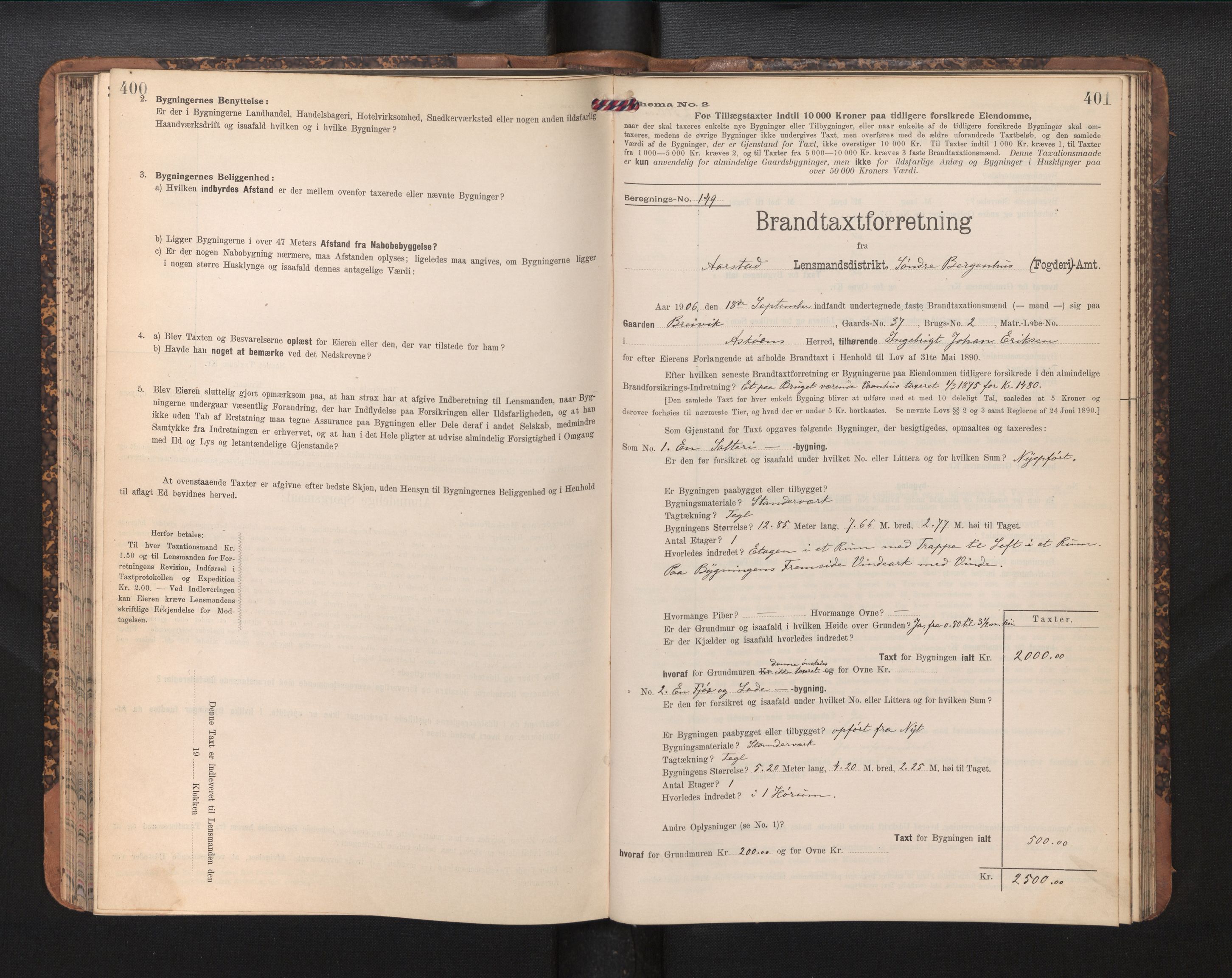 Lensmannen i Årstad, AV/SAB-A-36201/0012/L0014: Branntakstprotokoll,skjematakst, 1906-1907, p. 400-401