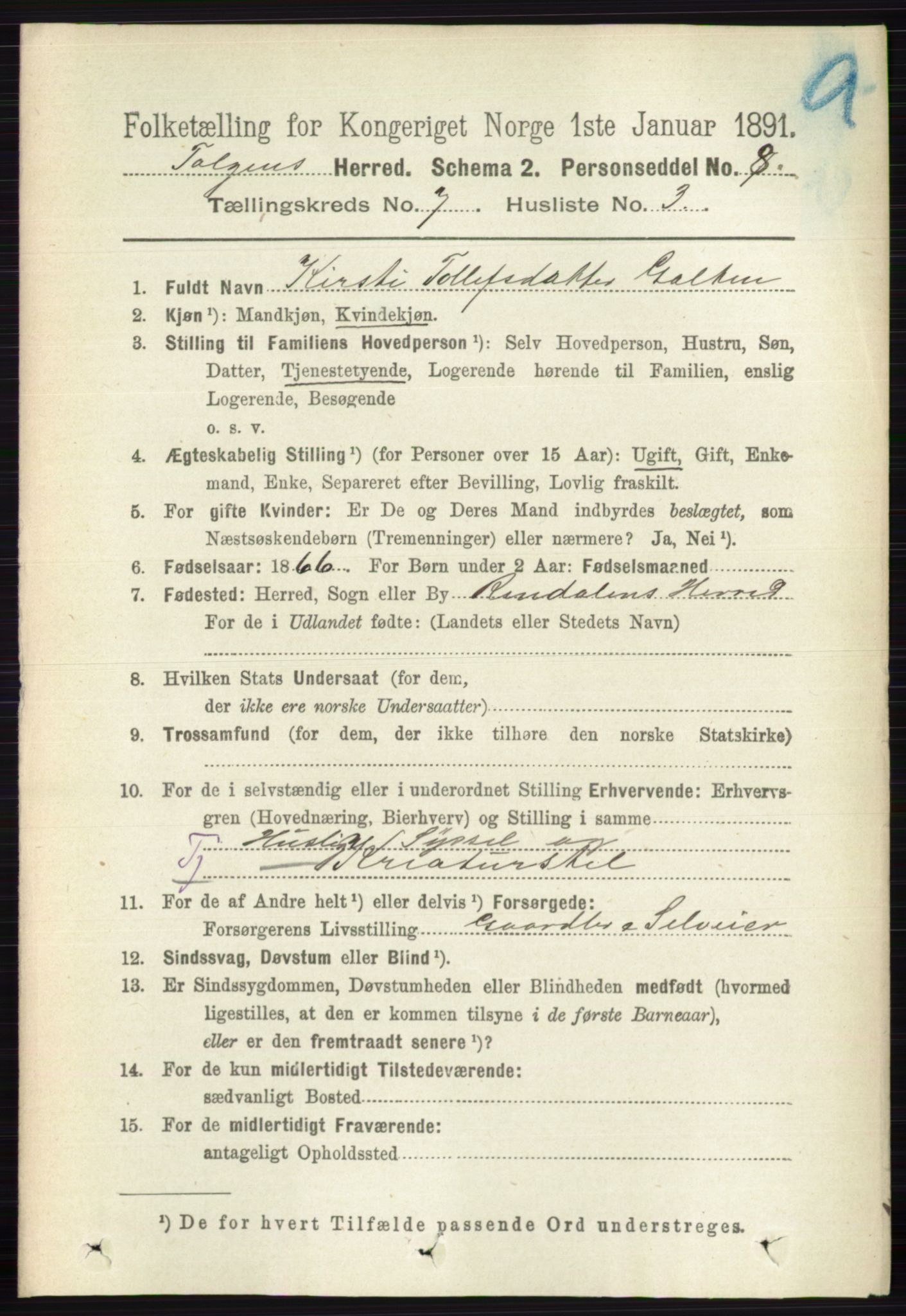 RA, 1891 census for 0436 Tolga, 1891, p. 2043
