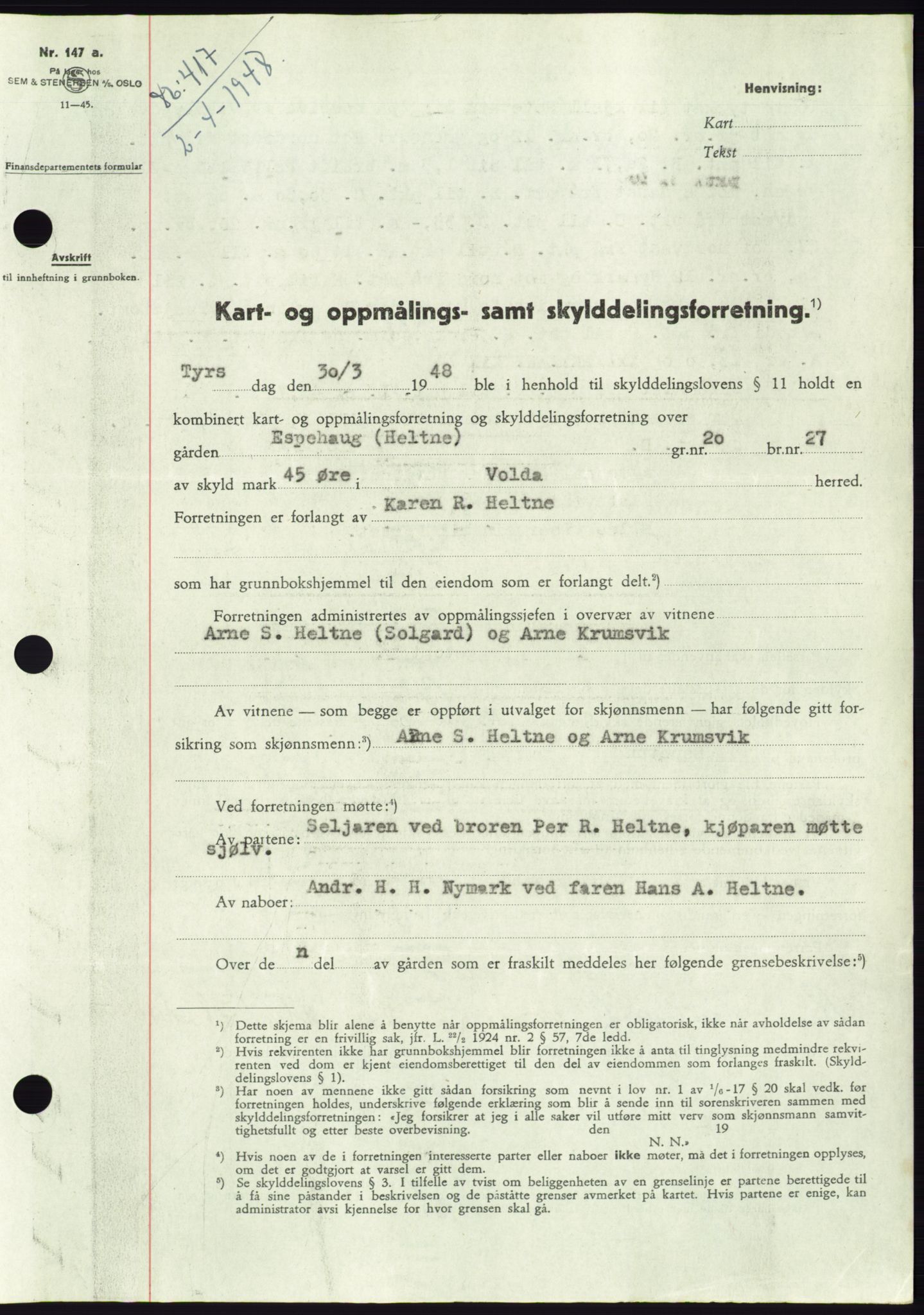 Søre Sunnmøre sorenskriveri, AV/SAT-A-4122/1/2/2C/L0082: Mortgage book no. 8A, 1948-1948, Diary no: : 417/1948