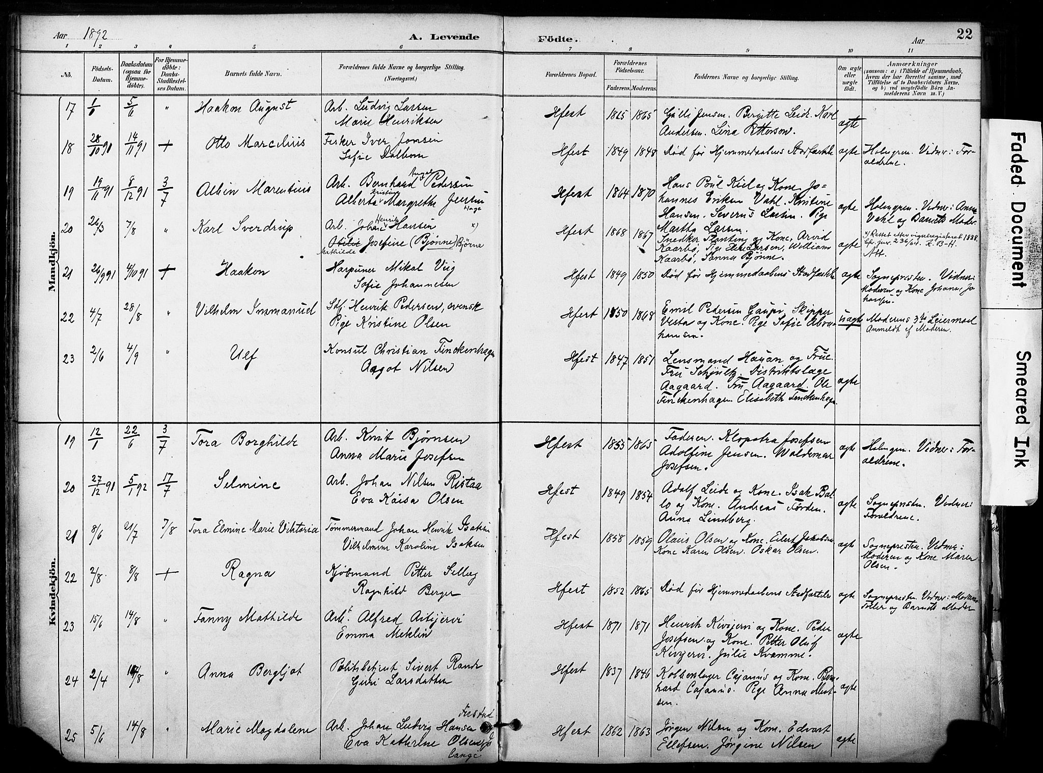 Hammerfest sokneprestkontor, AV/SATØ-S-1347/H/Ha/L0009.kirke: Parish register (official) no. 9, 1889-1897, p. 22