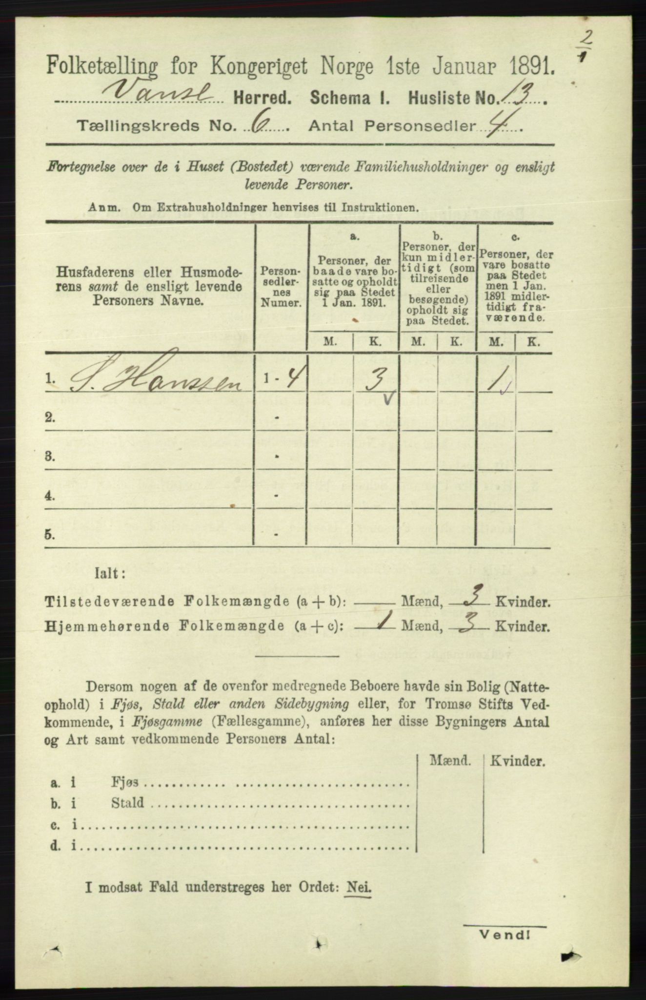 RA, 1891 census for 1041 Vanse, 1891, p. 3412