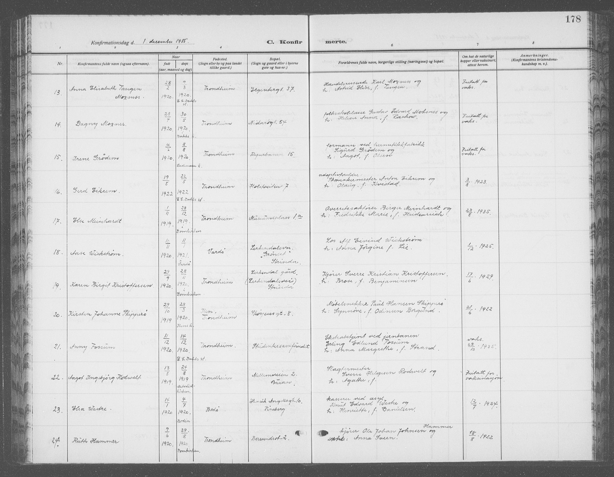 Ministerialprotokoller, klokkerbøker og fødselsregistre - Sør-Trøndelag, SAT/A-1456/601/L0099: Parish register (copy) no. 601C17, 1928-1941, p. 178