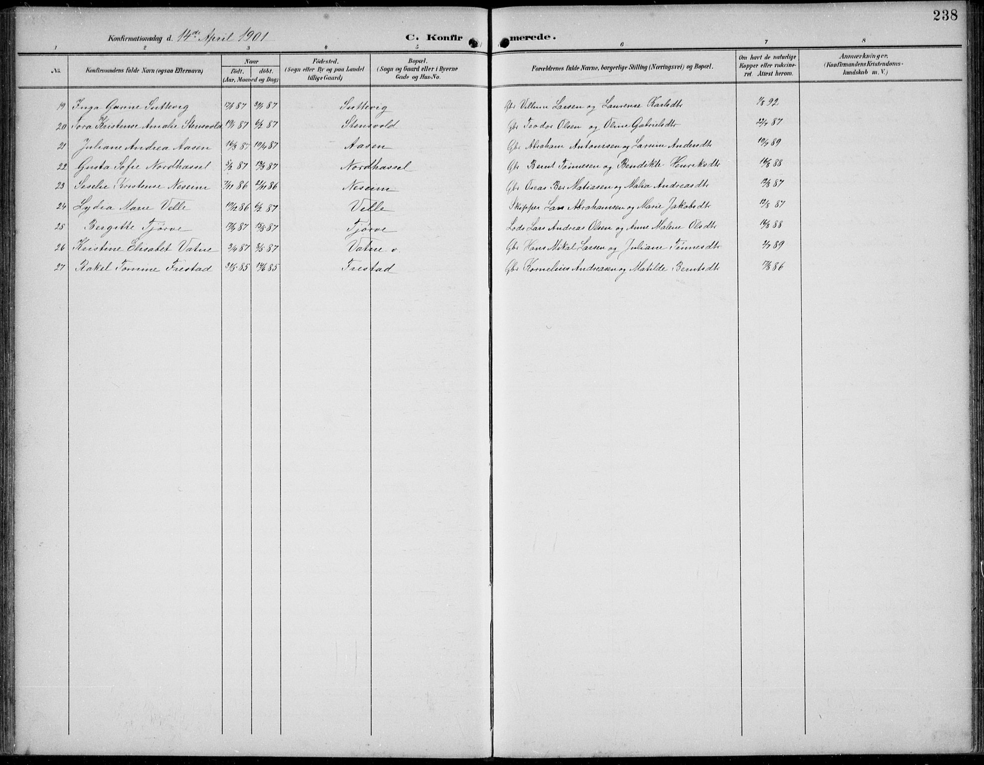 Lista sokneprestkontor, AV/SAK-1111-0027/F/Fb/L0005: Parish register (copy) no. B 5, 1892-1923, p. 238