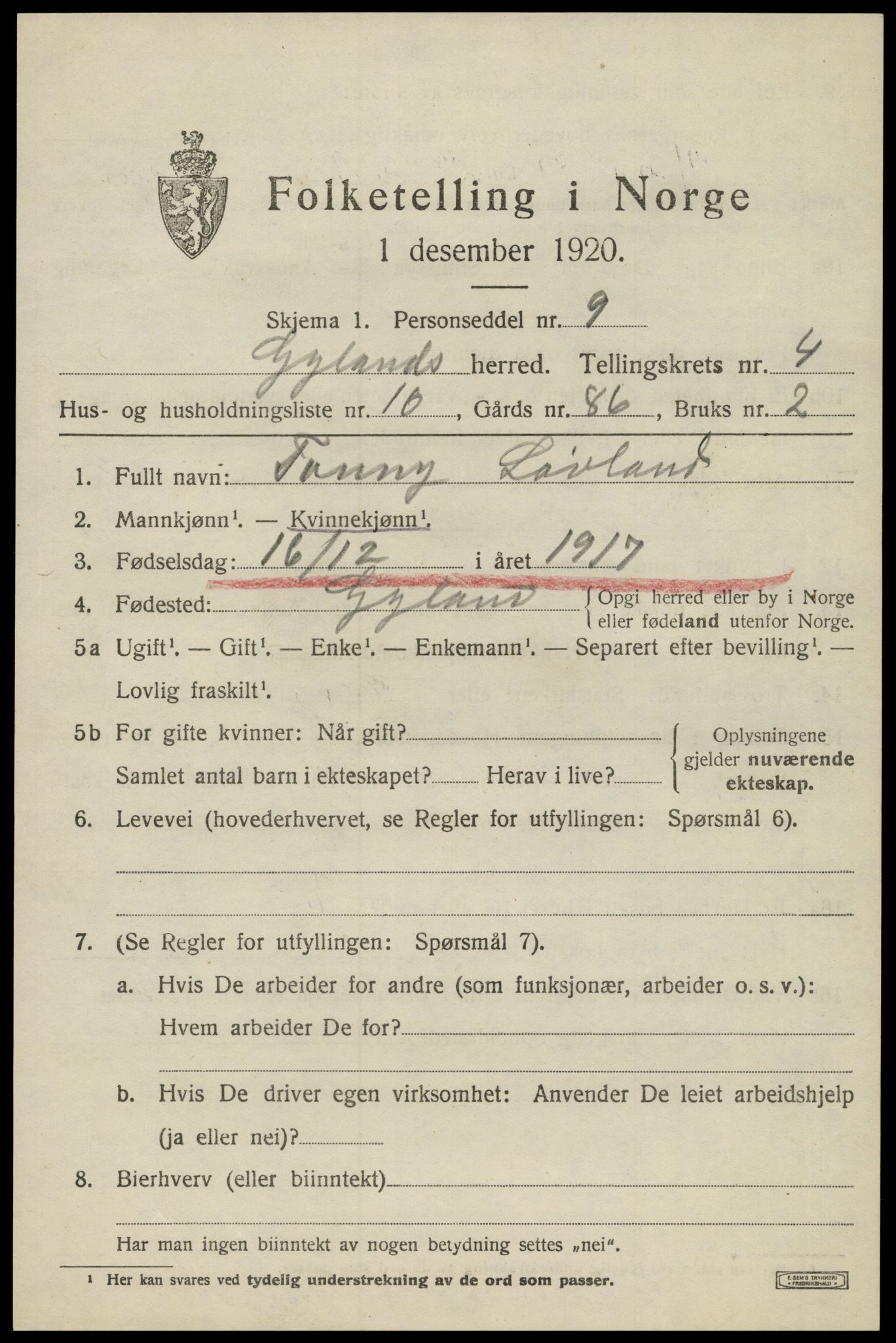 SAK, 1920 census for Gyland, 1920, p. 1186