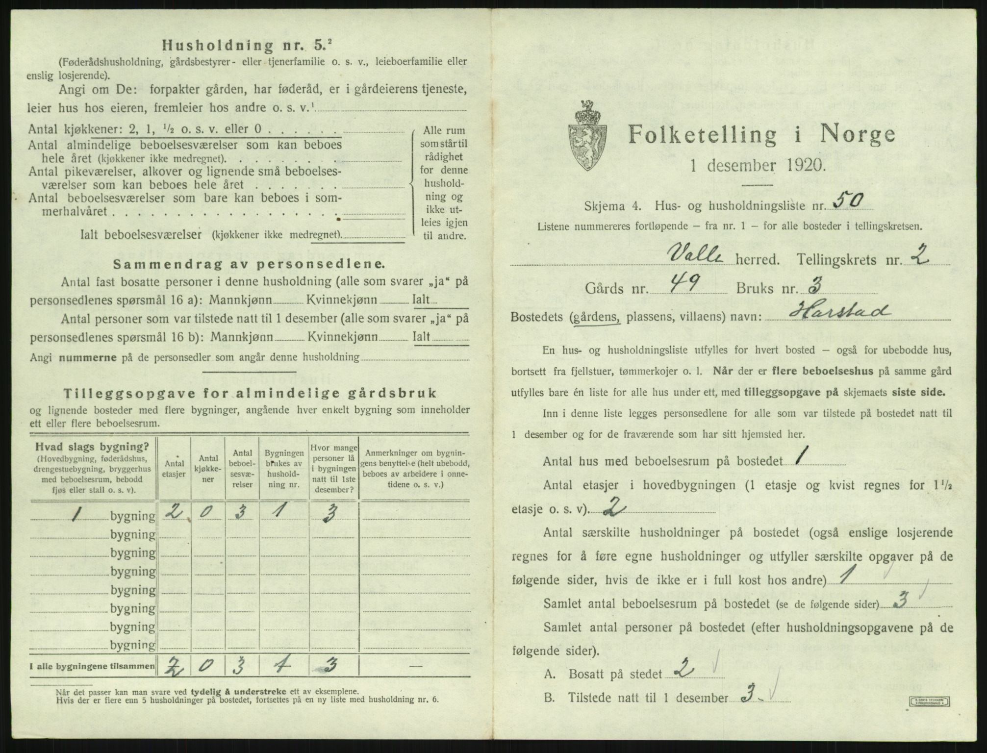 SAK, 1920 census for Valle, 1920, p. 215