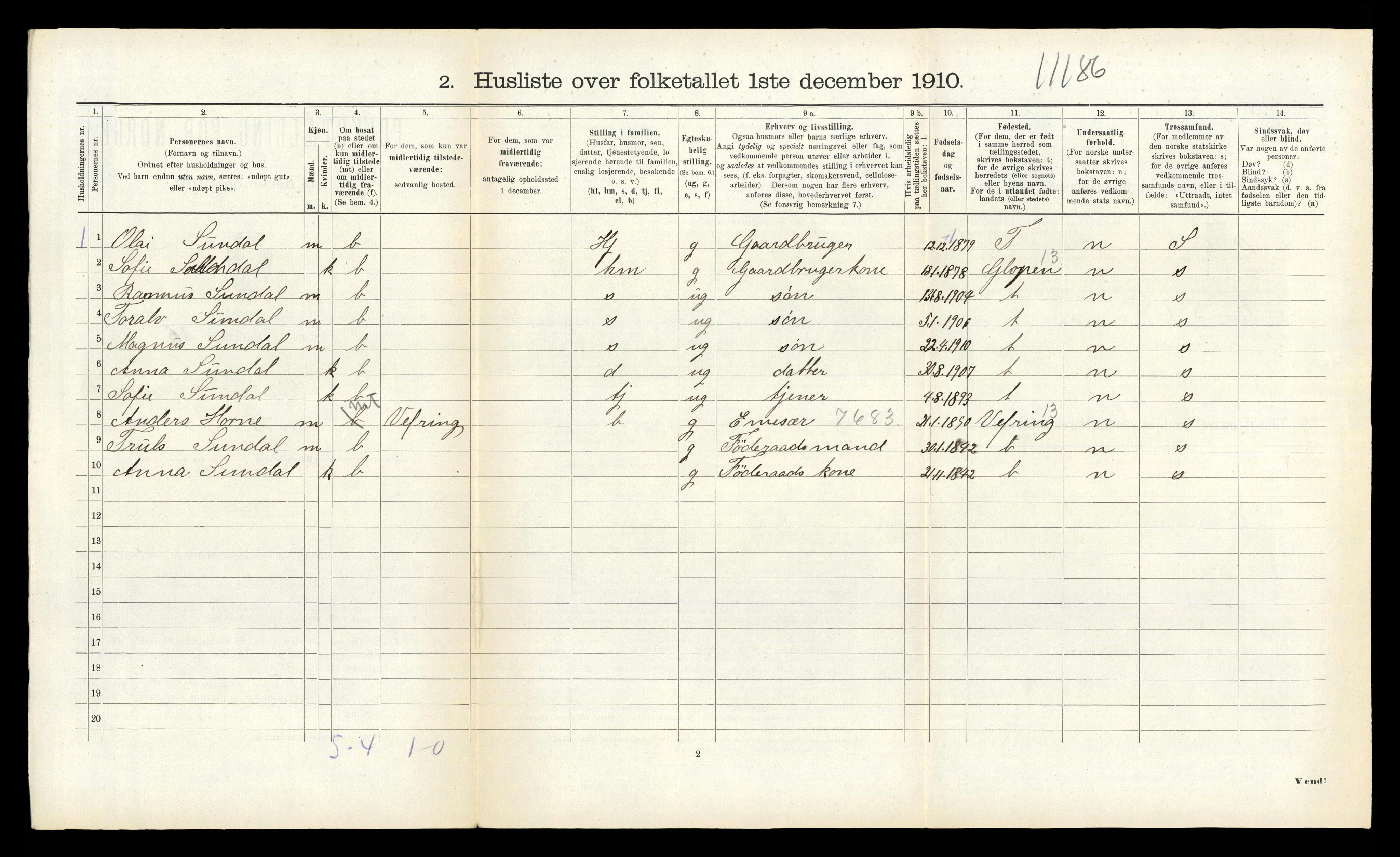 RA, 1910 census for Kinn, 1910, p. 961