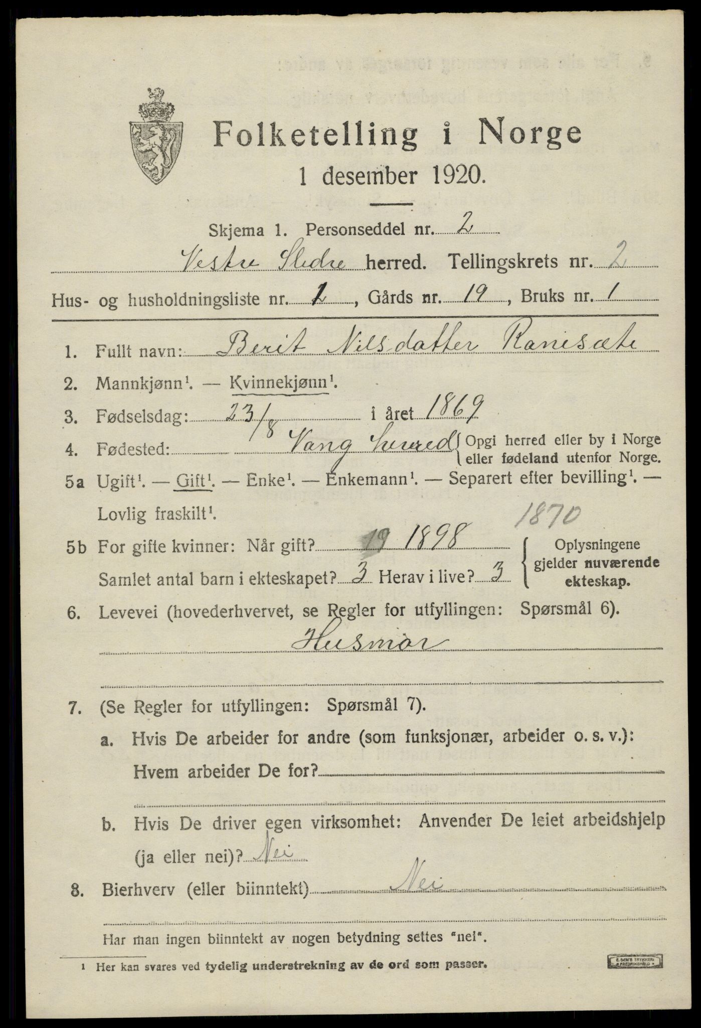 SAH, 1920 census for Vestre Slidre, 1920, p. 1554