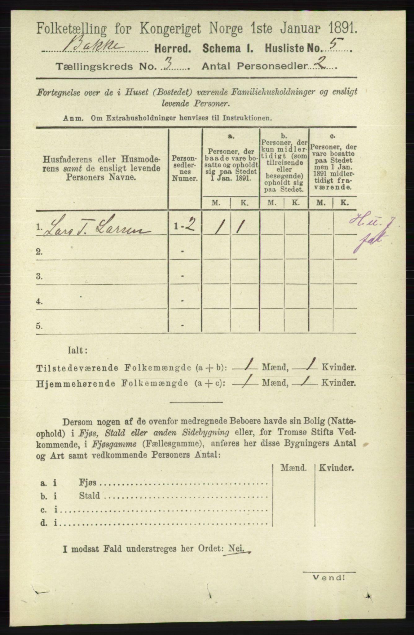 RA, 1891 census for 1045 Bakke, 1891, p. 393