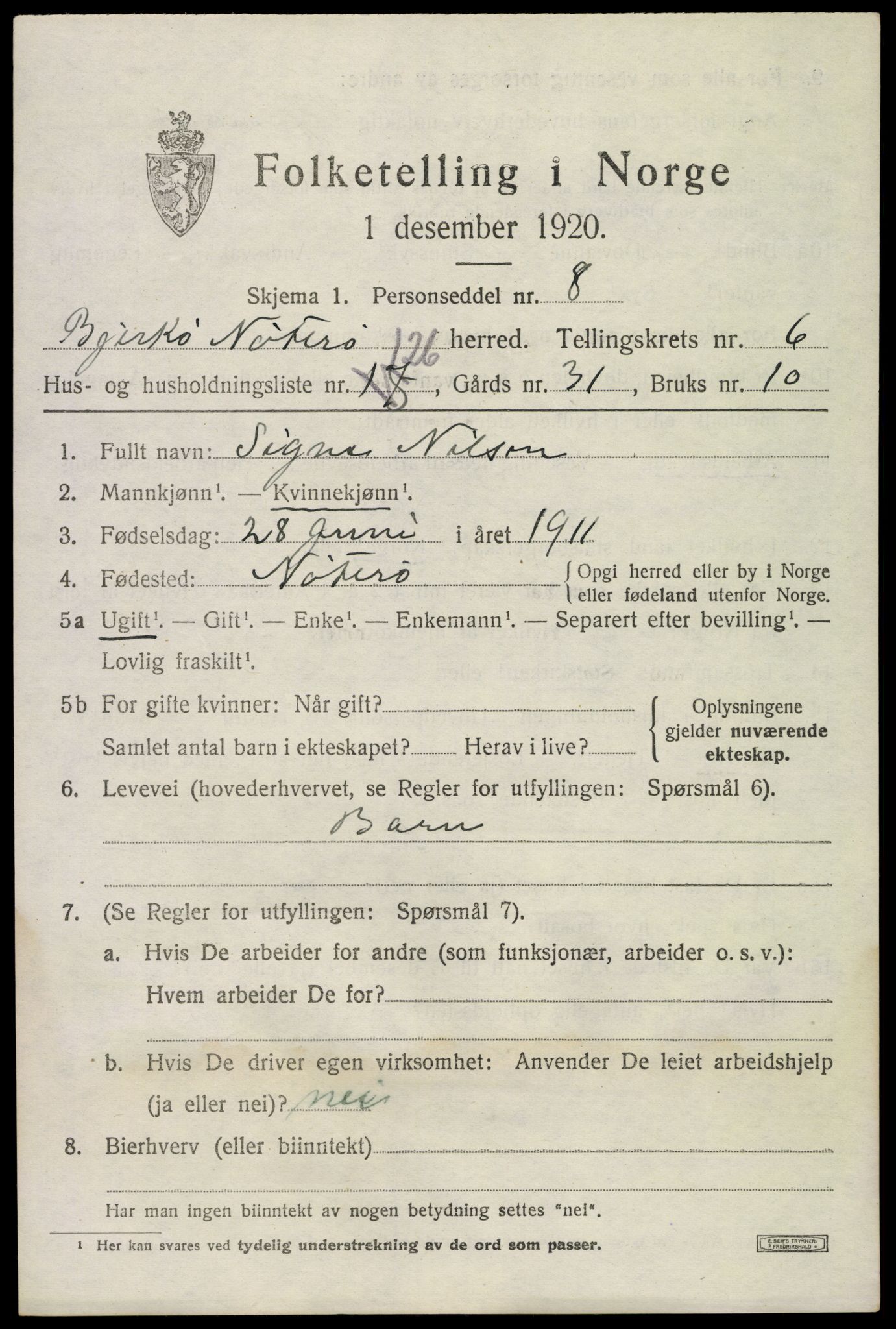 SAKO, 1920 census for Nøtterøy, 1920, p. 9461