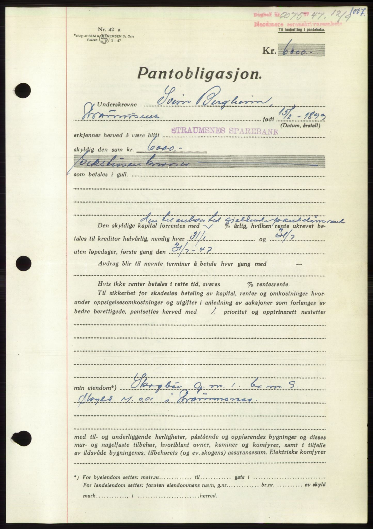 Nordmøre sorenskriveri, AV/SAT-A-4132/1/2/2Ca: Mortgage book no. B96, 1947-1947, Diary no: : 2075/1947