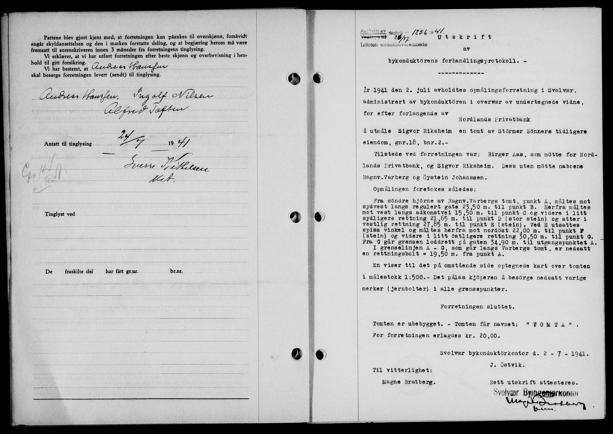 Lofoten sorenskriveri, SAT/A-0017/1/2/2C/L0008a: Mortgage book no. 8a, 1940-1941, Diary no: : 1256/1941