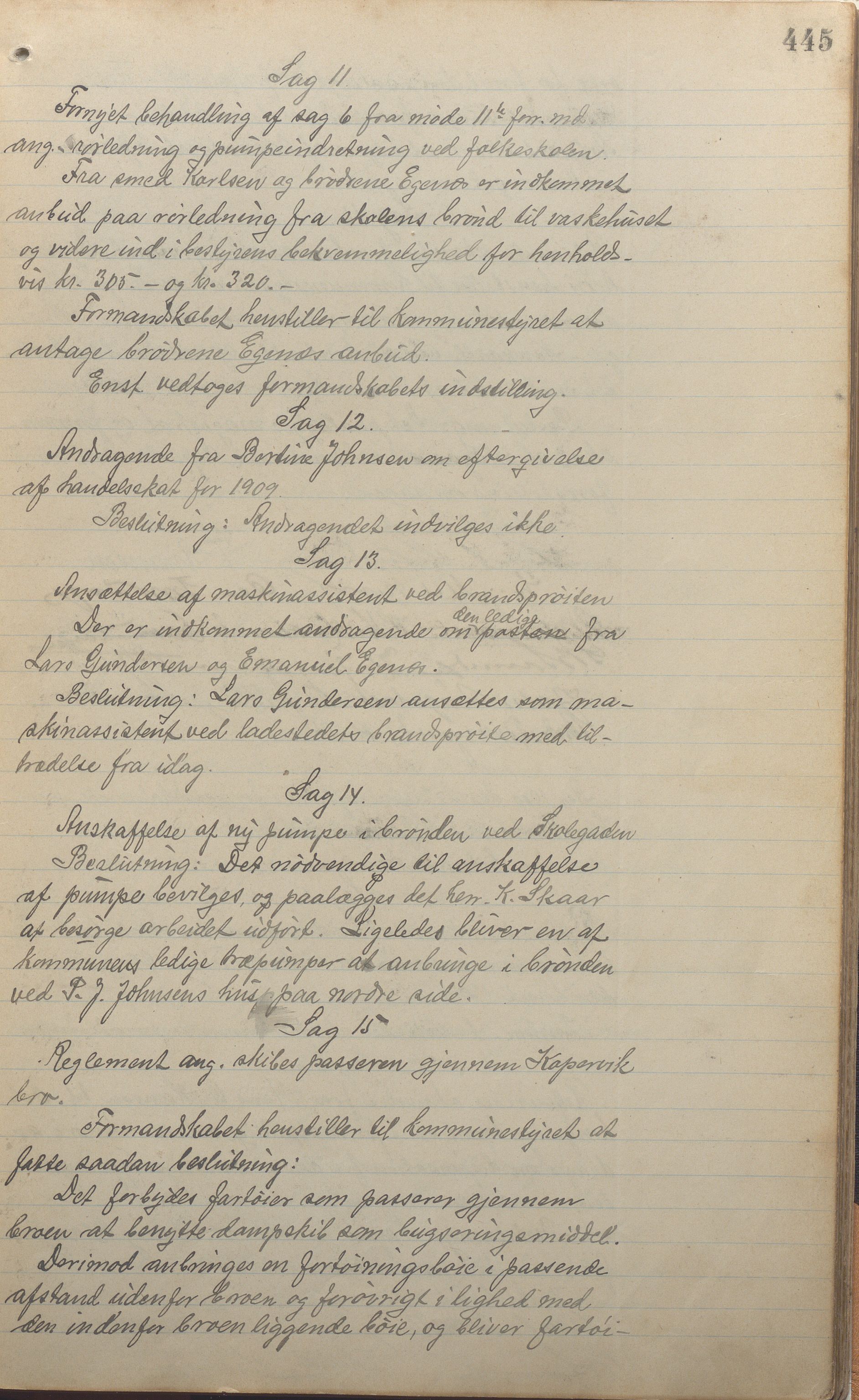 Kopervik Kommune - Formannskapet og Bystyret, IKAR/K-102468/A/Aa/L0003: Møtebok, 1894-1912, p. 445