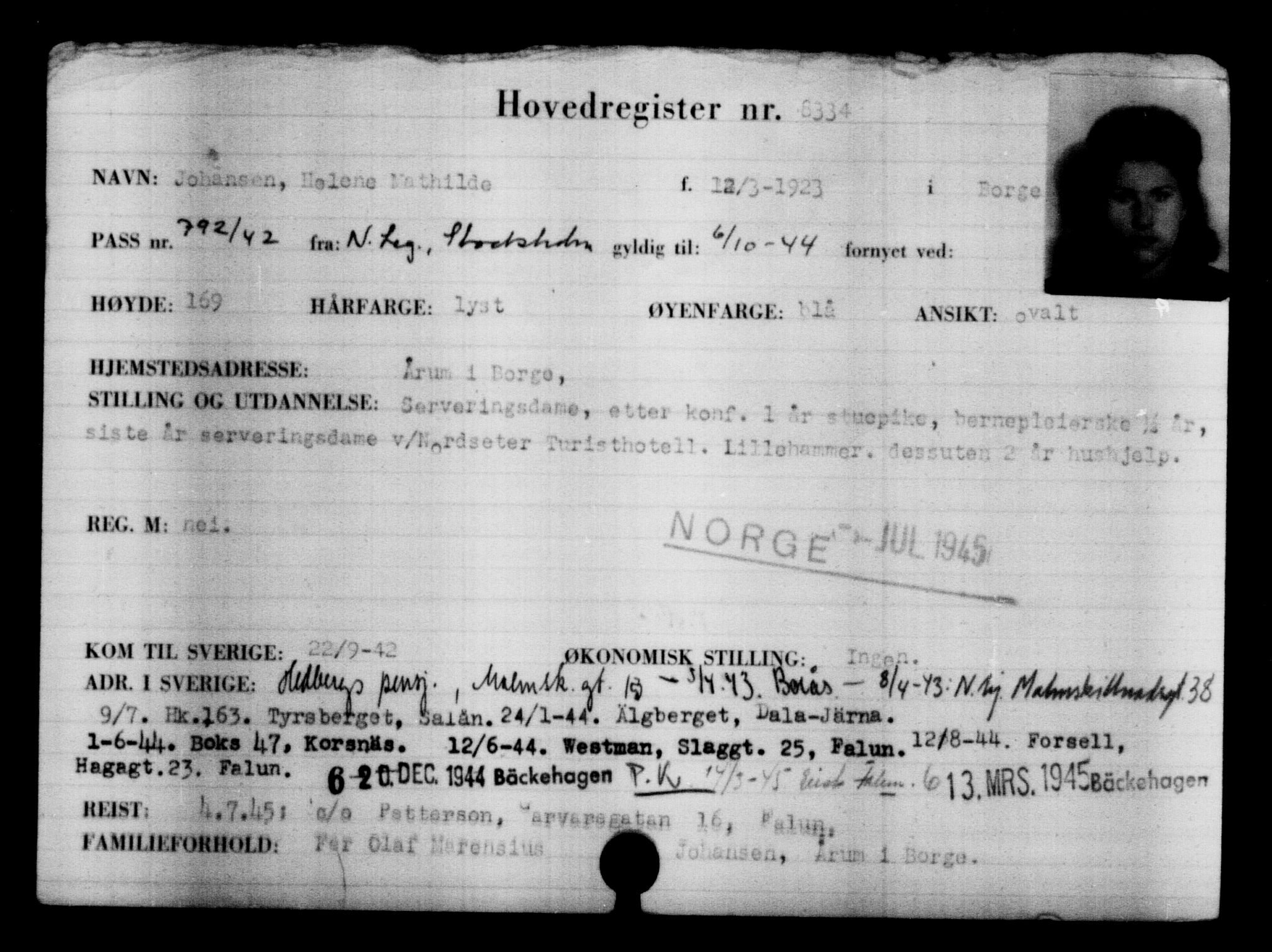 Utenriksstasjonene, Legasjonen i Stockholm, Flyktningkontoret, AV/RA-S-6753/V/Va/L0005: Kjesäterkartoteket, flyktninger med registreringsnr. 6600-9417, 1940-1945, p. 2011