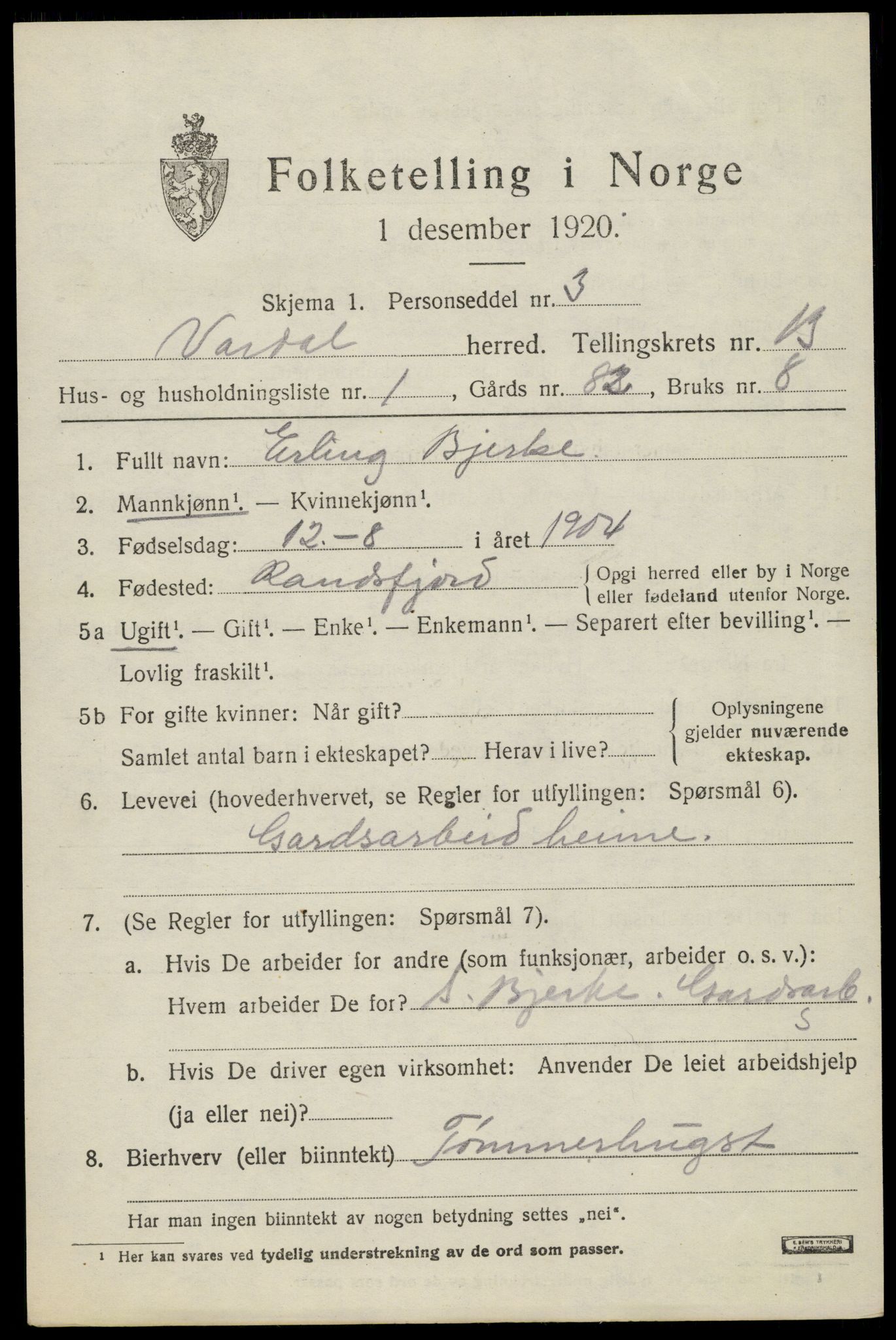 SAH, 1920 census for Vardal, 1920, p. 13801