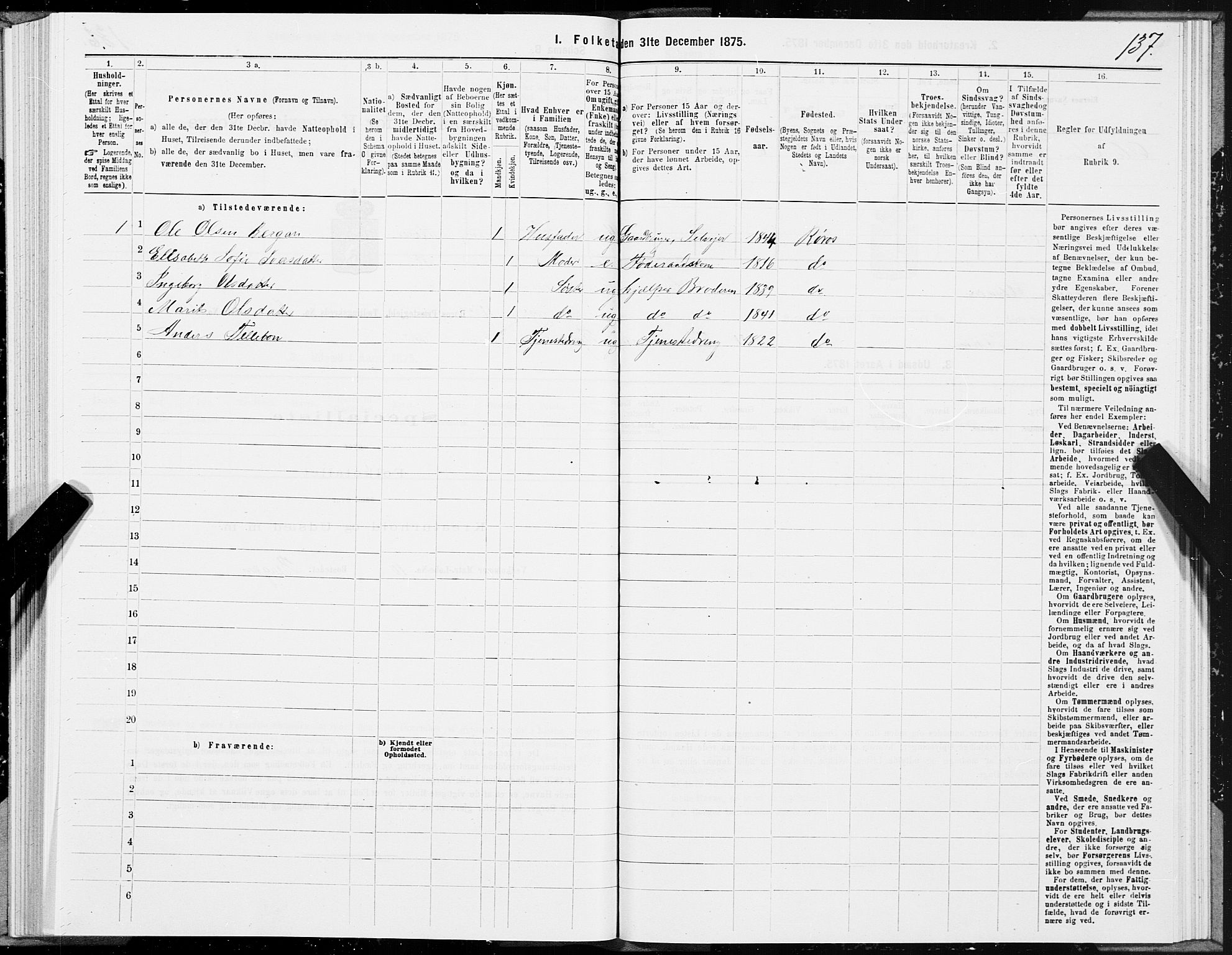 SAT, 1875 census for 1640P Røros, 1875, p. 3137