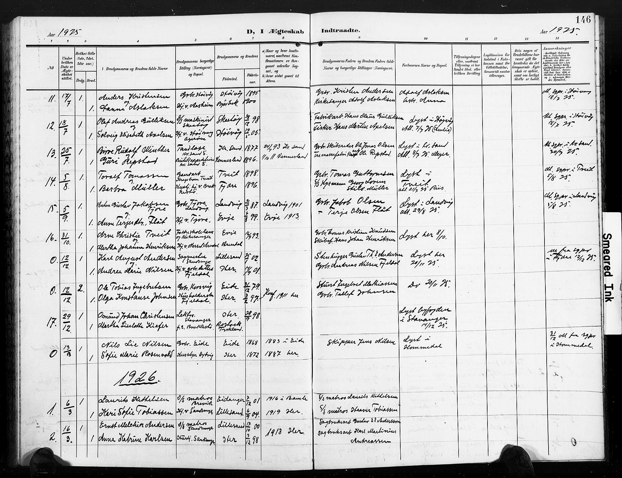 Vestre Moland sokneprestkontor, AV/SAK-1111-0046/F/Fb/Fbb/L0007: Parish register (copy) no. B 7, 1906-1929, p. 146