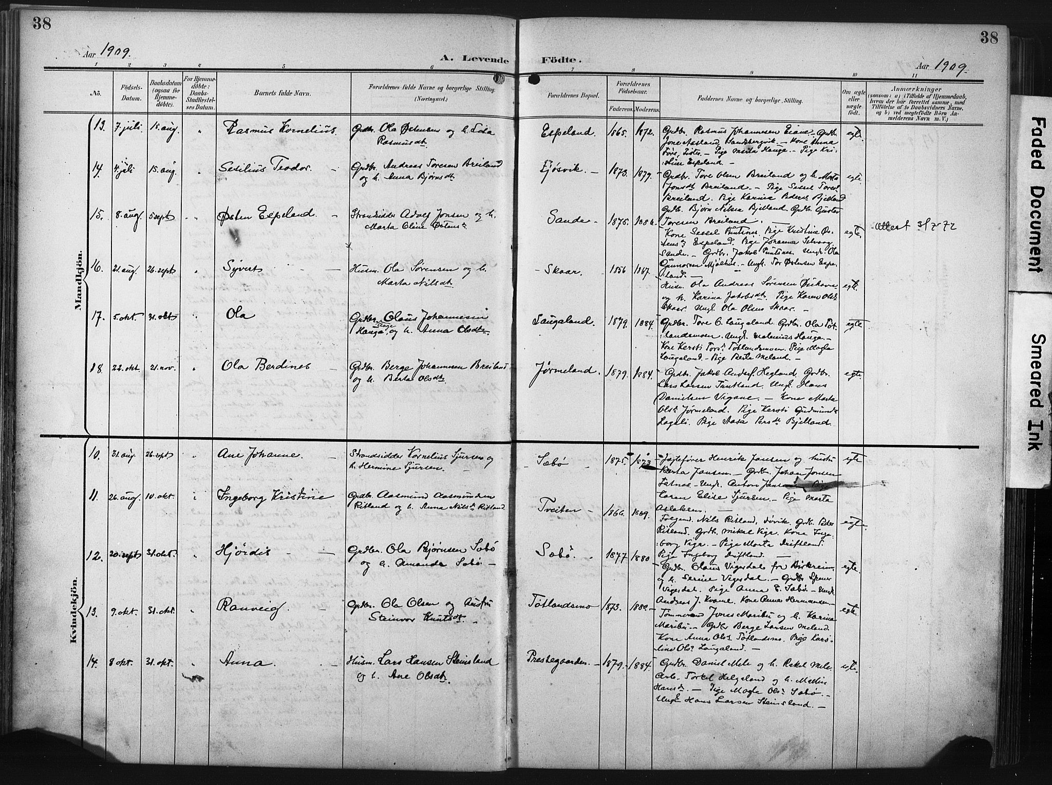 Hjelmeland sokneprestkontor, AV/SAST-A-101843/02/A/L0002: Parish register (official) no. A 17, 1901-1916, p. 38