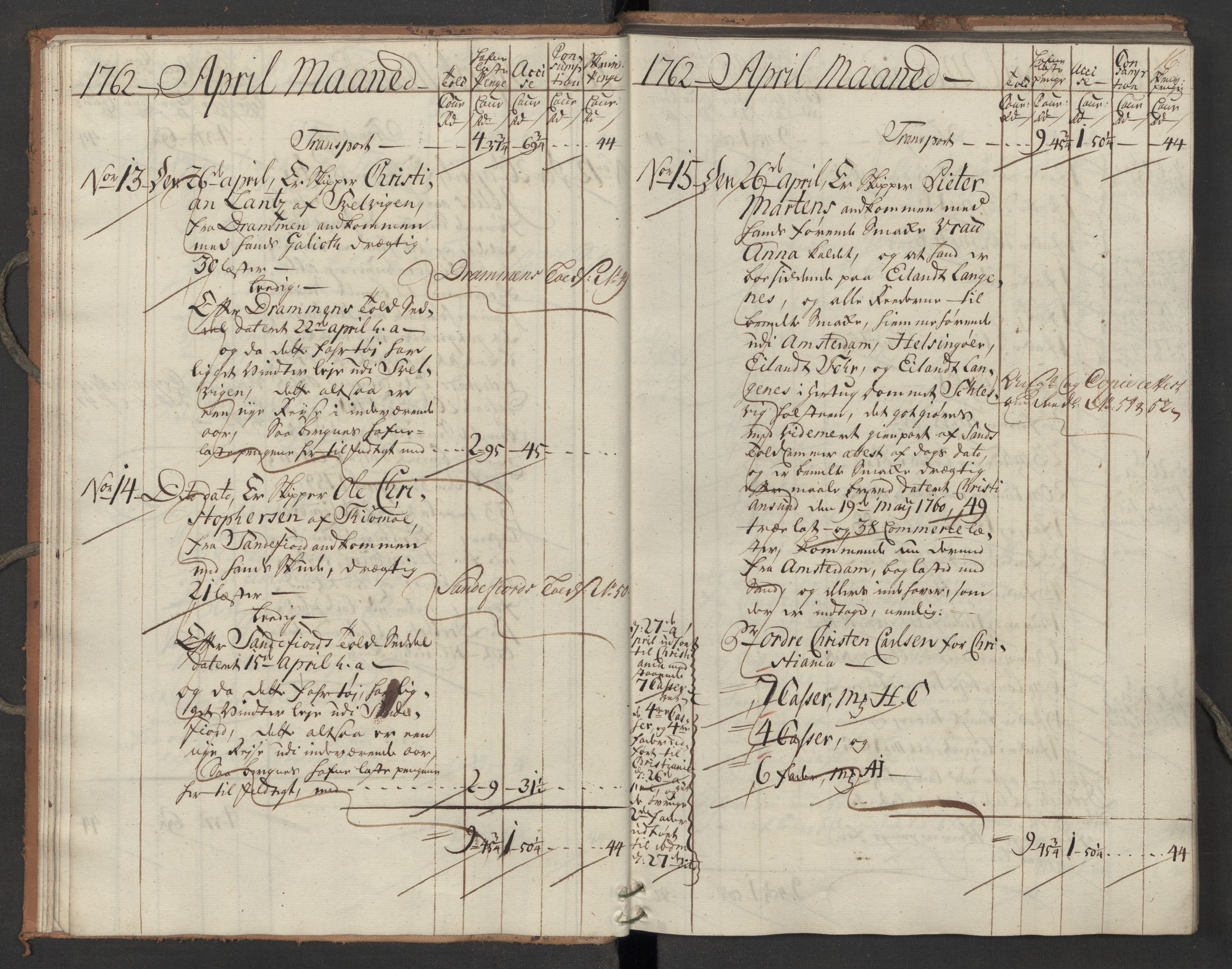 Generaltollkammeret, tollregnskaper, AV/RA-EA-5490/R07/L0022/0001: Tollregnskaper Sand / Inngående hovedtollbok, 1762, p. 15b-16a