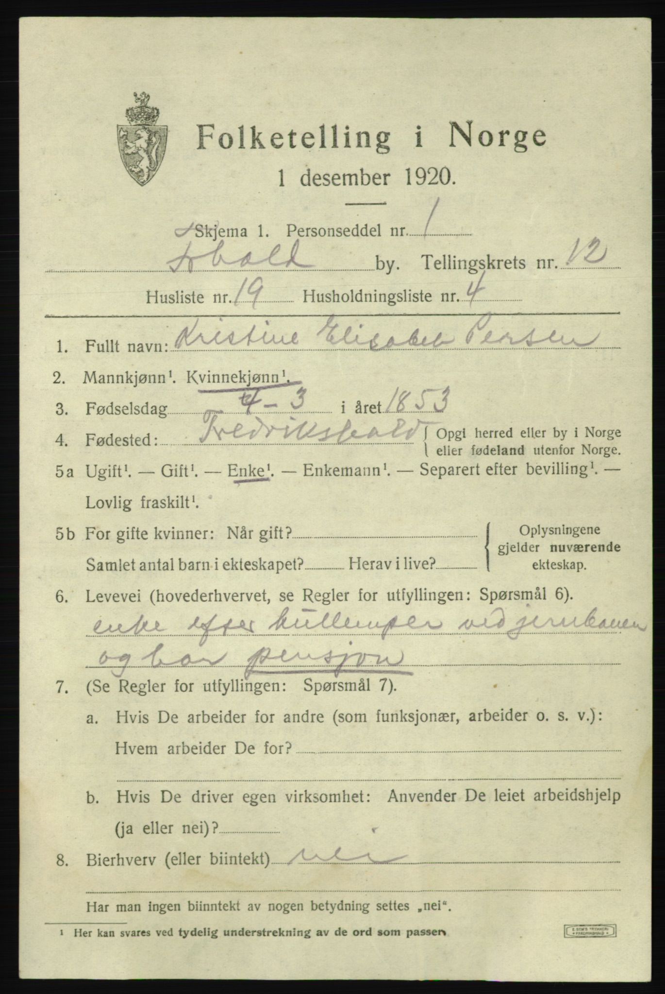 SAO, 1920 census for Fredrikshald, 1920, p. 20299