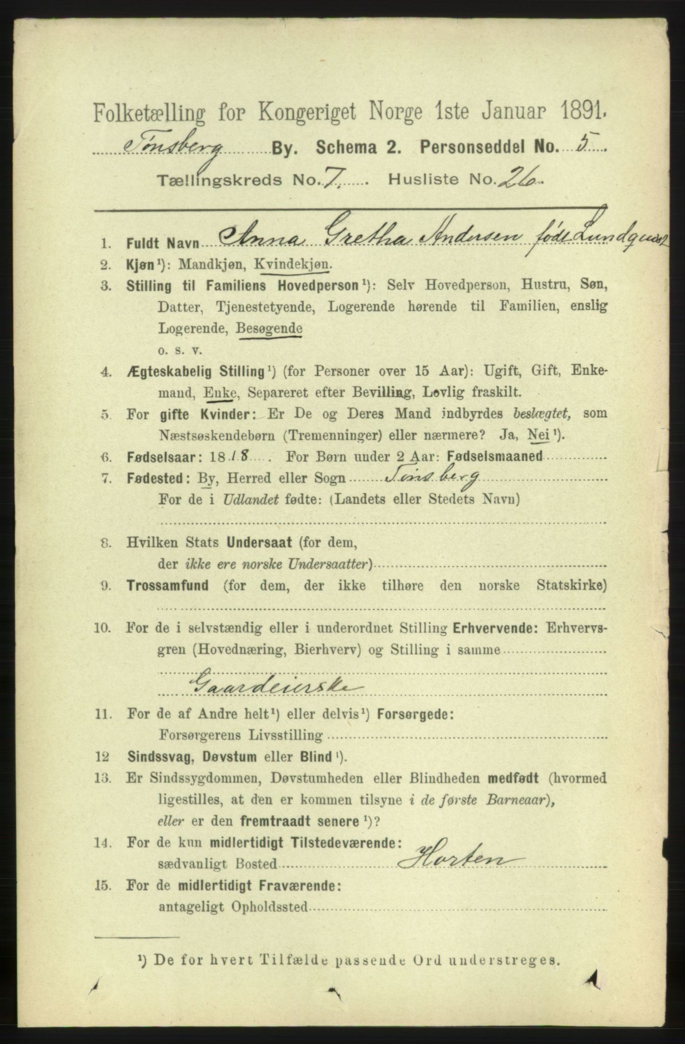 RA, 1891 census for 0705 Tønsberg, 1891, p. 3046