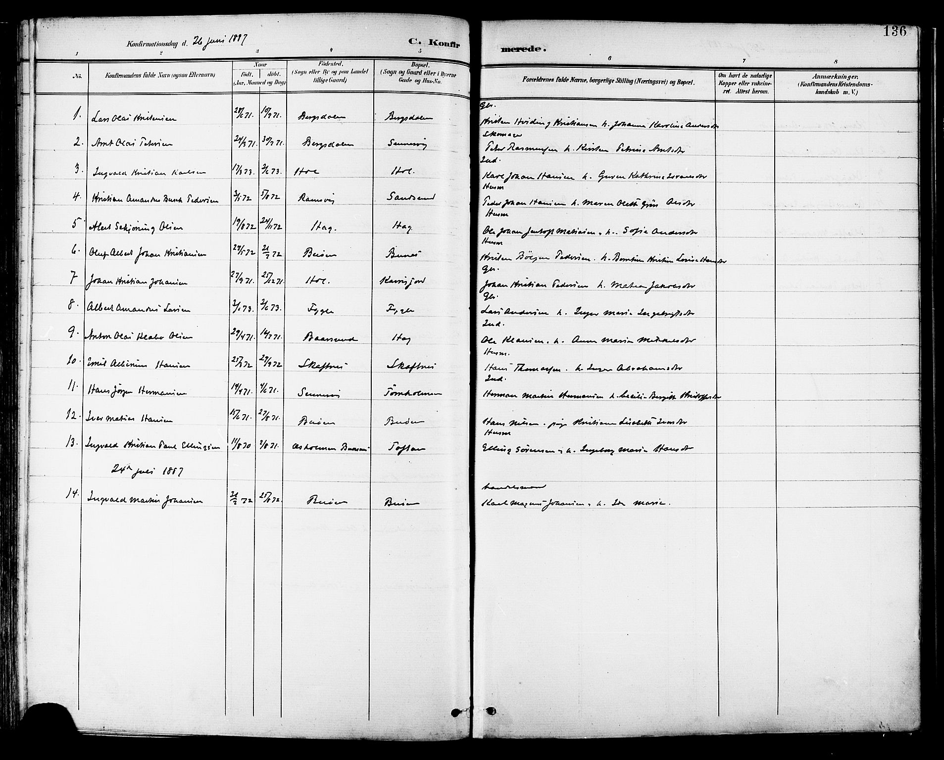 Ministerialprotokoller, klokkerbøker og fødselsregistre - Nordland, AV/SAT-A-1459/882/L1179: Parish register (official) no. 882A01, 1886-1898, p. 136