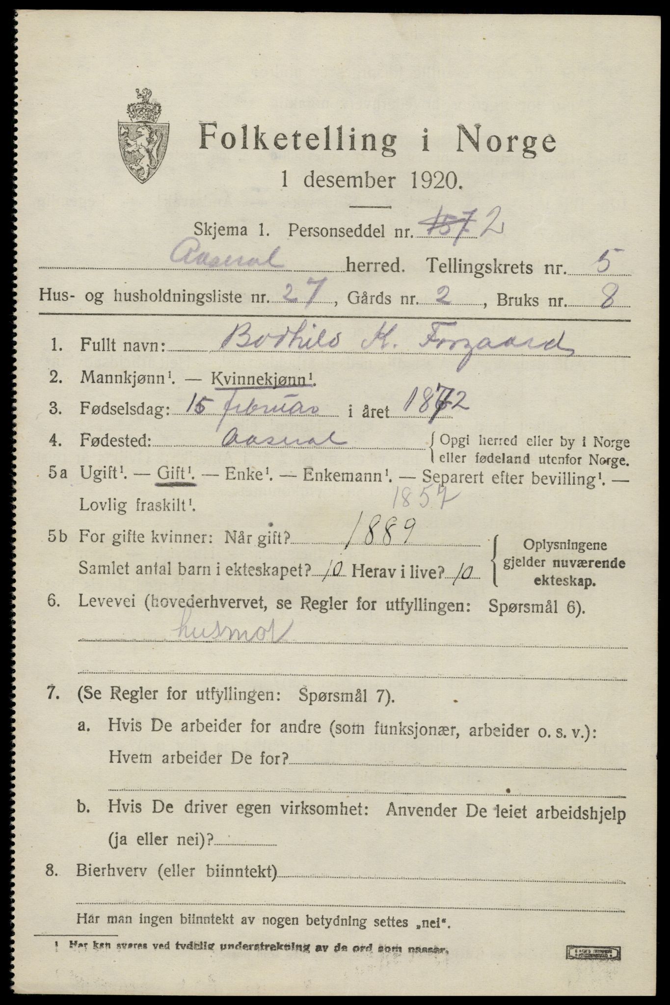 SAK, 1920 census for Åseral, 1920, p. 1776