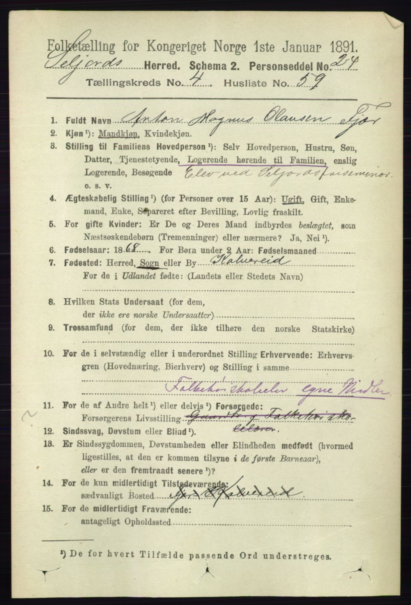 RA, 1891 census for 0828 Seljord, 1891, p. 1645
