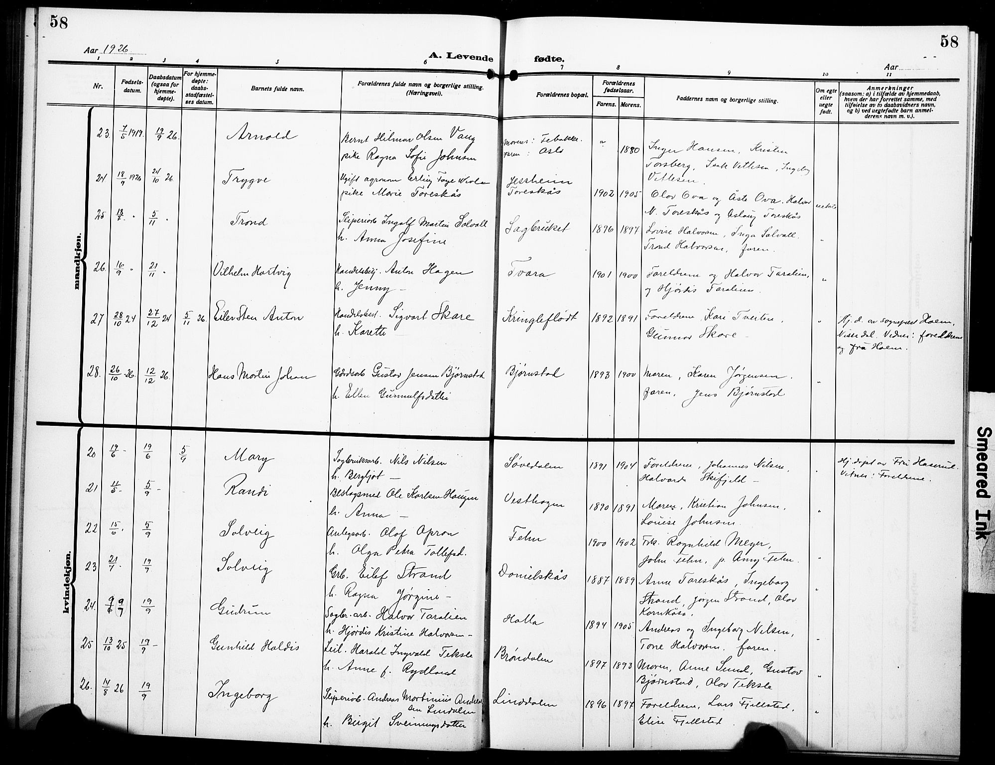 Holla kirkebøker, AV/SAKO-A-272/G/Ga/L0006: Parish register (copy) no. I 6, 1917-1928, p. 58