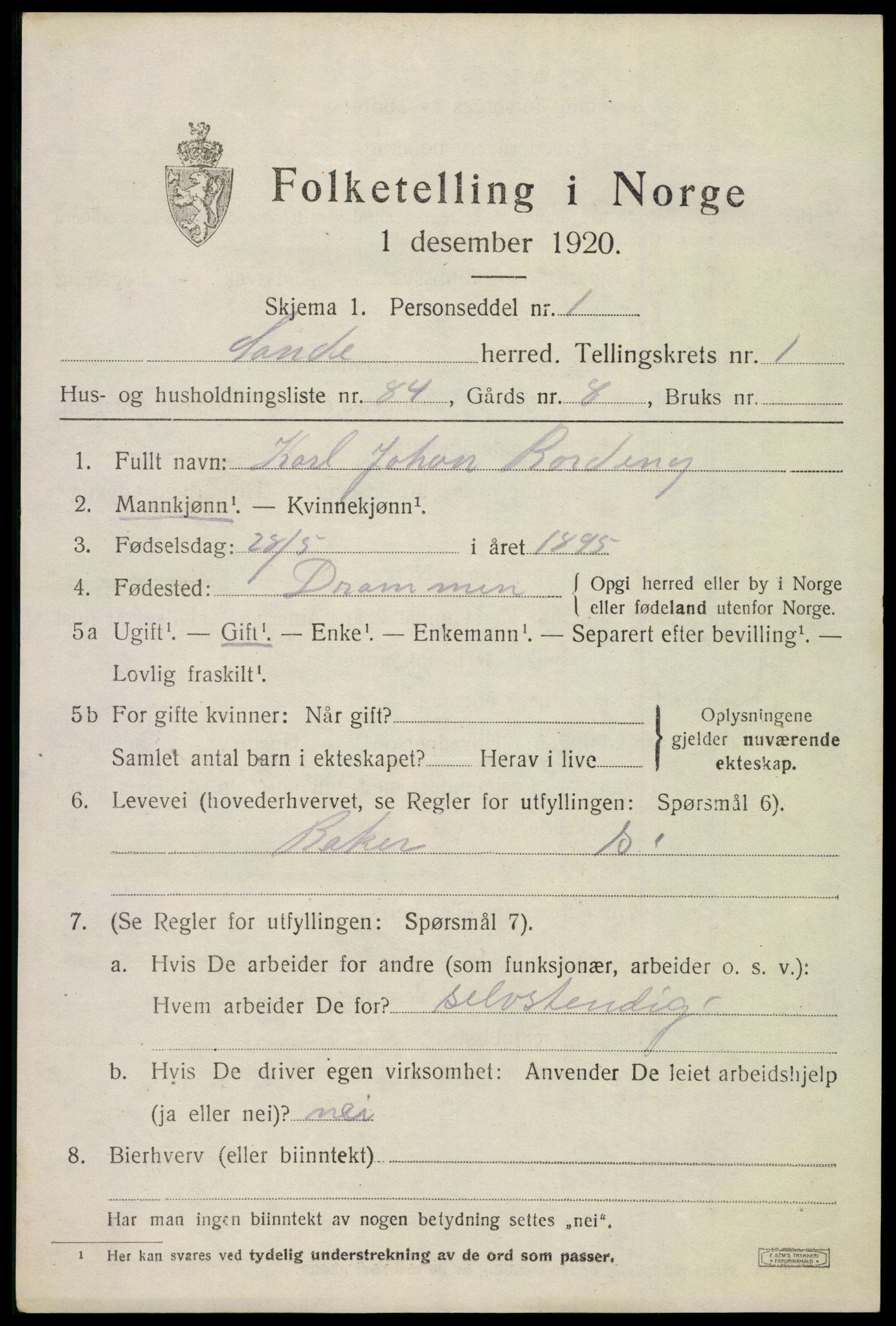 SAKO, 1920 census for Sande, 1920, p. 2166