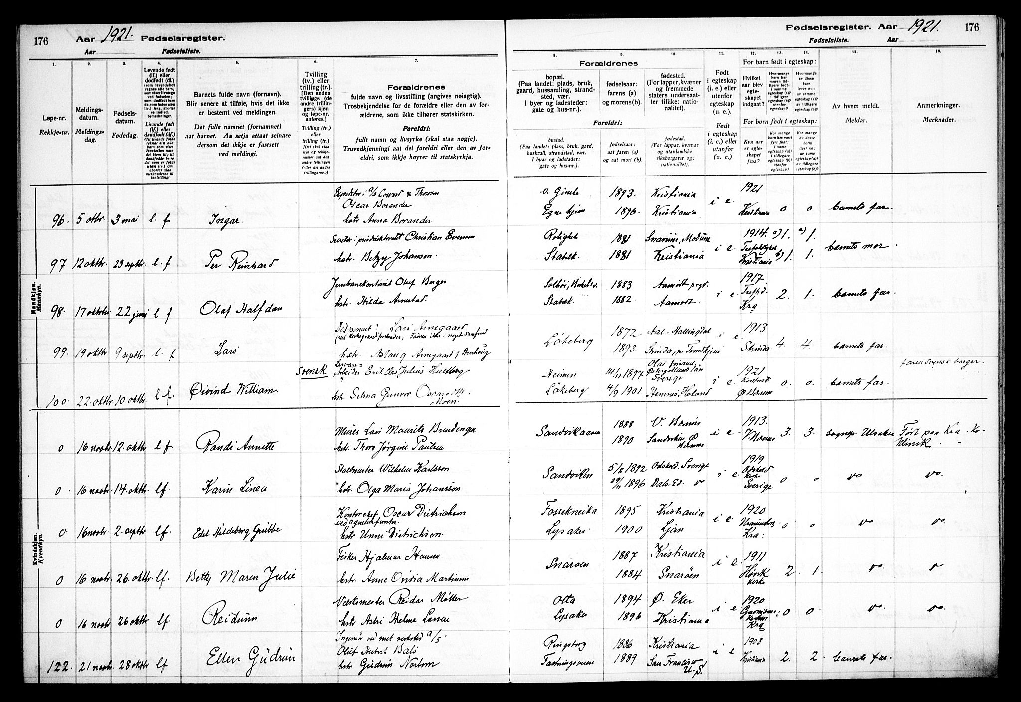 Østre Bærum prestekontor Kirkebøker, AV/SAO-A-10887/J/Ja/L0001: Birth register no. 1, 1916-1922, p. 176