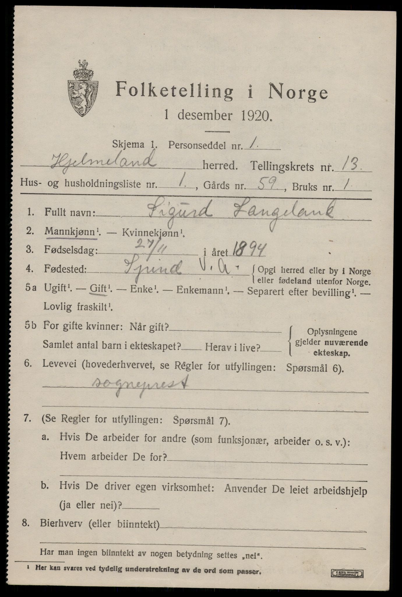 SAST, 1920 census for Hjelmeland, 1920, p. 4133