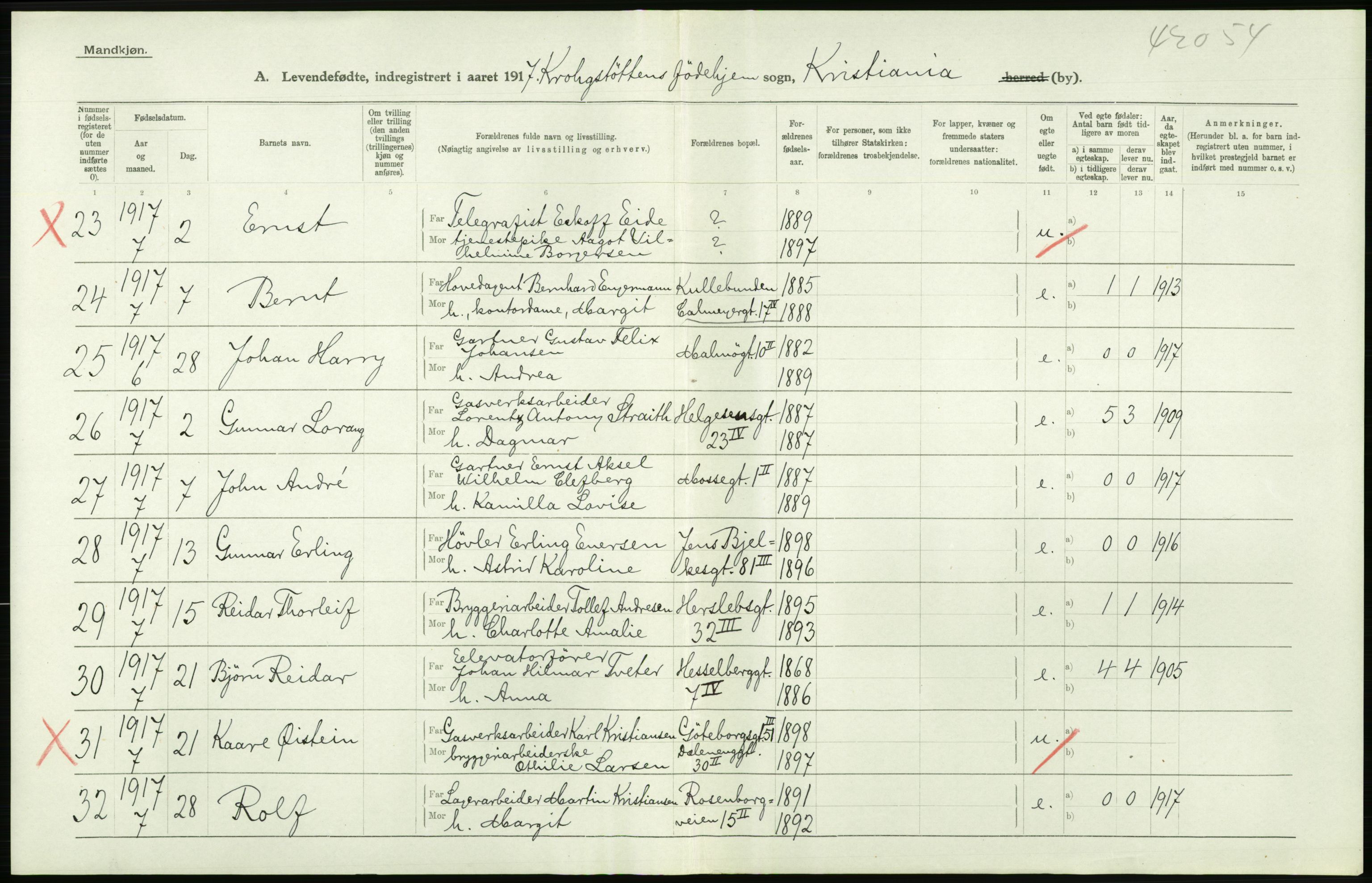 Statistisk sentralbyrå, Sosiodemografiske emner, Befolkning, RA/S-2228/D/Df/Dfb/Dfbg/L0007: Kristiania: Levendefødte menn og kvinner., 1917, p. 814