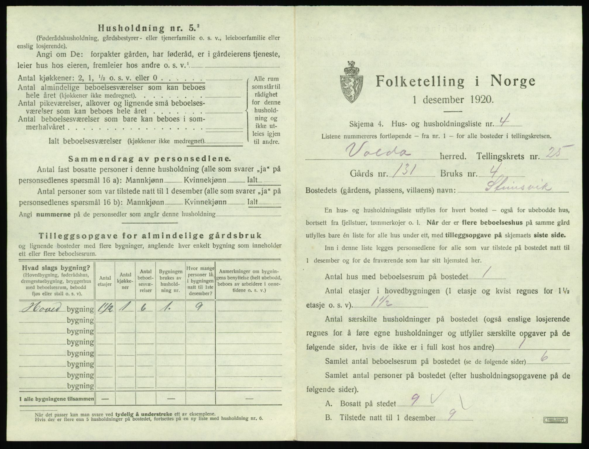 SAT, 1920 census for Volda, 1920, p. 1636