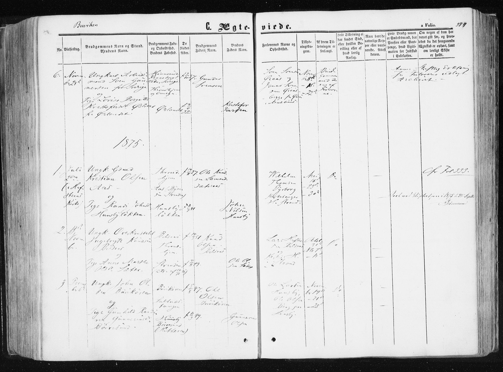 Ministerialprotokoller, klokkerbøker og fødselsregistre - Sør-Trøndelag, AV/SAT-A-1456/612/L0377: Parish register (official) no. 612A09, 1859-1877, p. 374