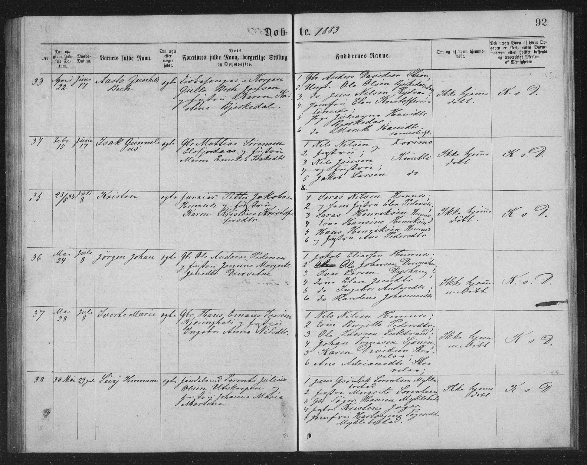 Ministerialprotokoller, klokkerbøker og fødselsregistre - Nordland, AV/SAT-A-1459/825/L0369: Parish register (copy) no. 825C06, 1873-1885, p. 92