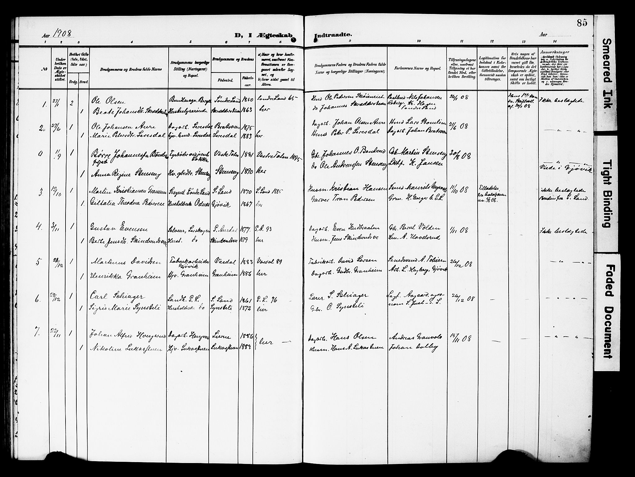 Nordre Land prestekontor, AV/SAH-PREST-124/H/Ha/Hab/L0001: Parish register (copy) no. 1, 1908-1931, p. 85